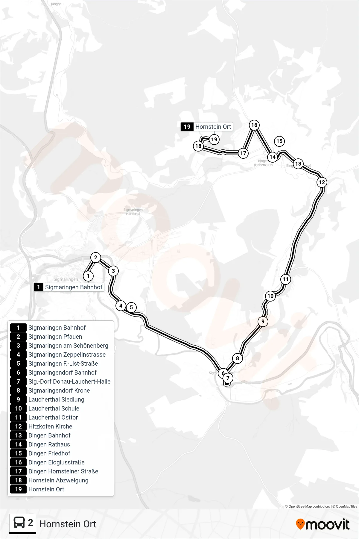 2 bus Line (Hornstein Ort) route and stops on a map