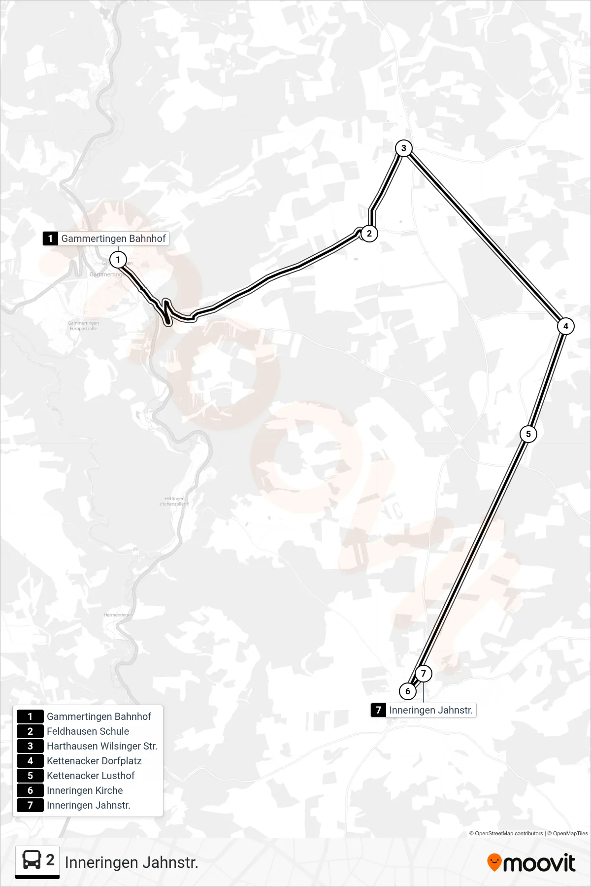 2 bus Line (Inneringen Jahnstr.) route and stops on a map