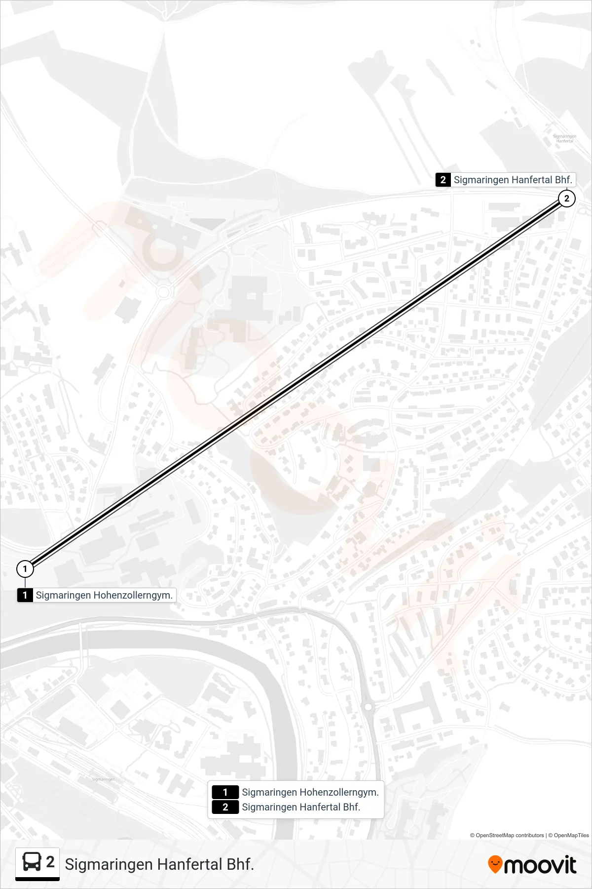 2 bus Line (Sigmaringen Hanfertal Bhf.) route and stops on a map