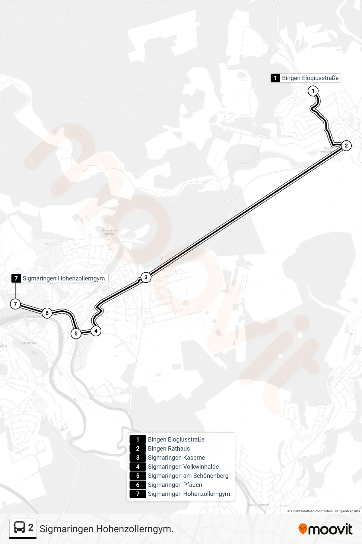 2 bus Line (Sigmaringen Hohenzollerngym.) route and stops on a map