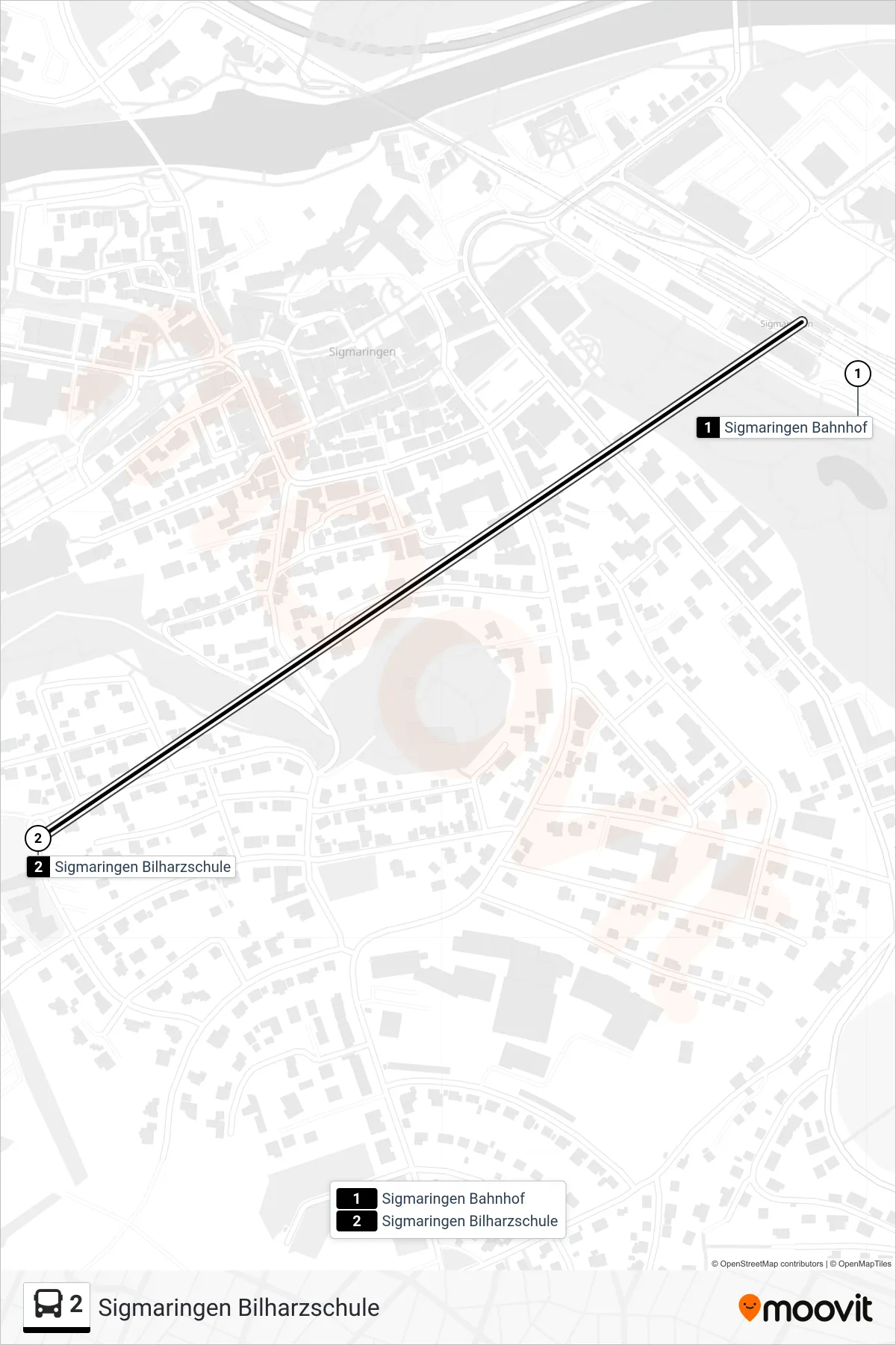 2 bus Line (Sigmaringen Bilharzschule) route and stops on a map