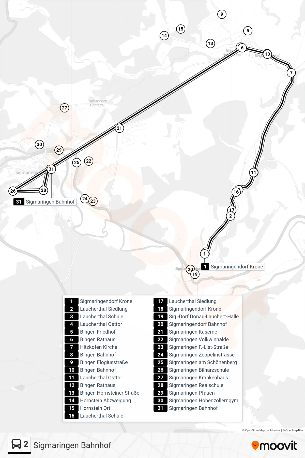 2 bus Line (Sigmaringen Bahnhof) route and stops on a map