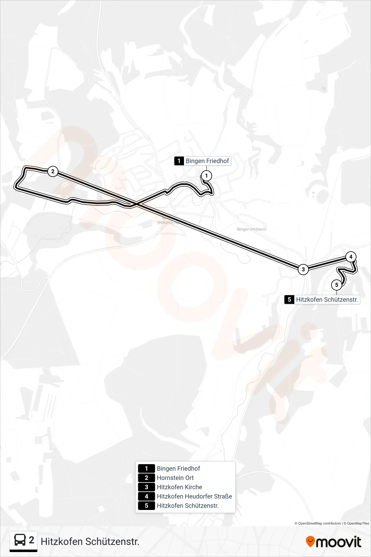 2 bus Line (Hitzkofen Schützenstr.) route and stops on a map