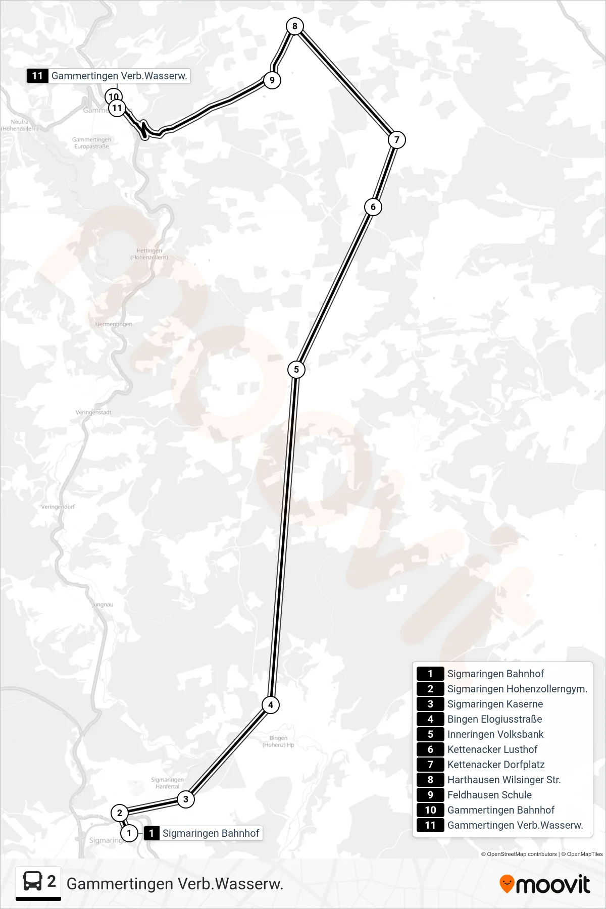 2 bus Line (Gammertingen Verb.Wasserw.) route and stops on a map
