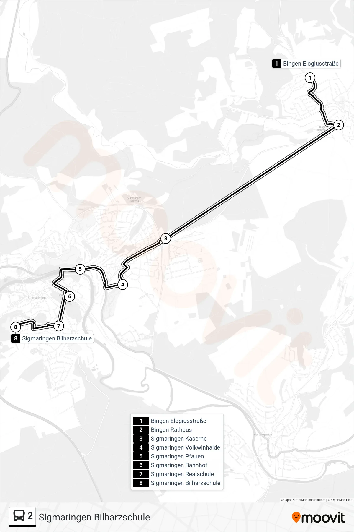 2 bus Line (Sigmaringen Bilharzschule) route and stops on a map