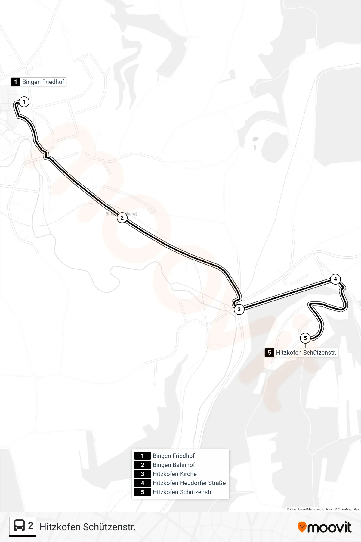 2 bus Line (Hitzkofen Schützenstr.) route and stops on a map