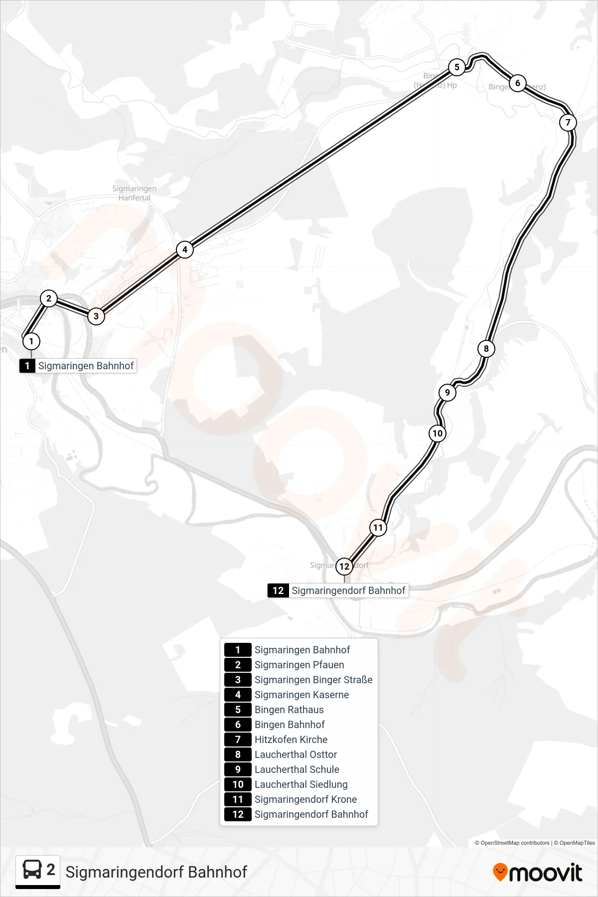 2 bus Line (Sigmaringendorf Bahnhof) route and stops on a map