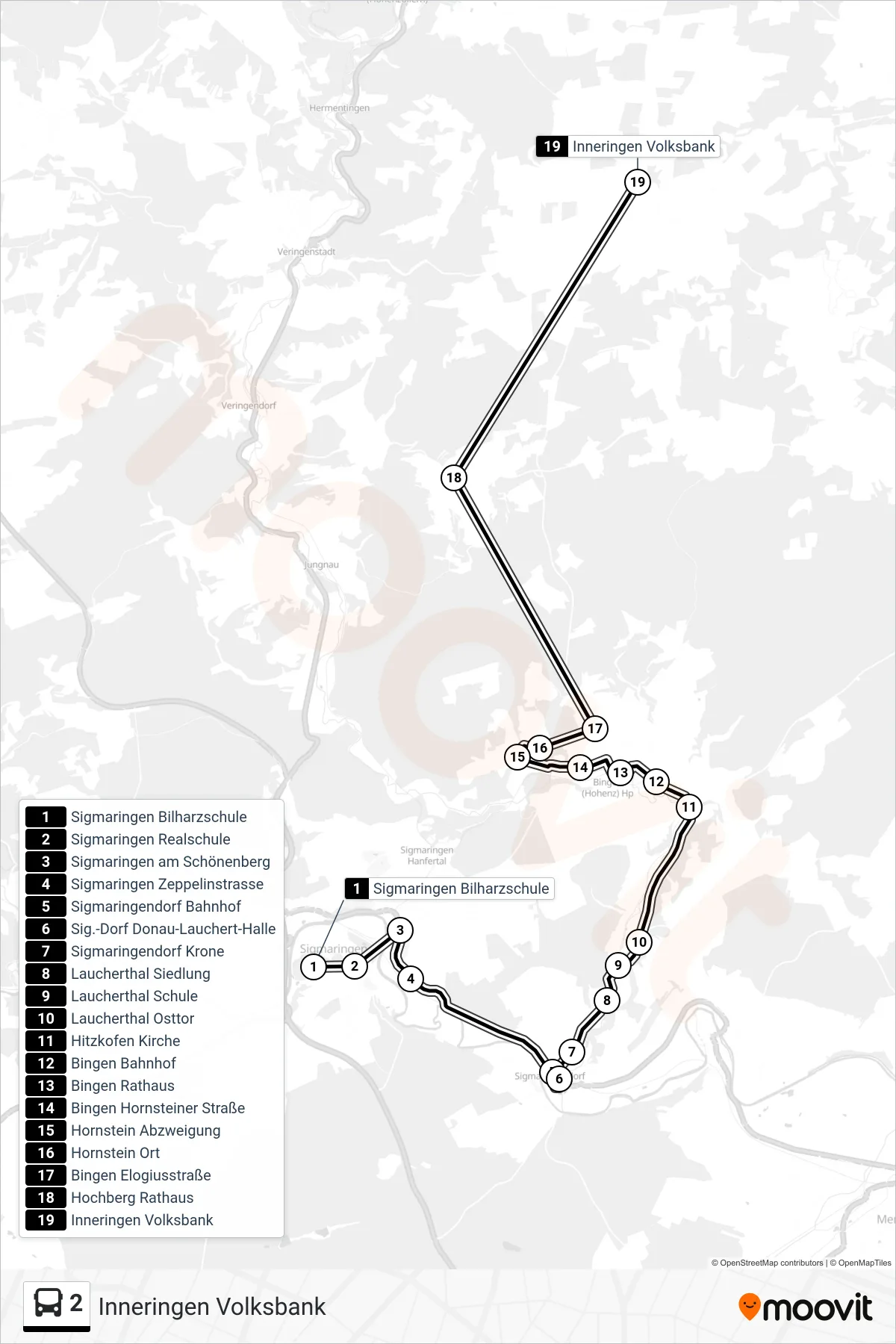 2 bus Line (Inneringen Volksbank) route and stops on a map