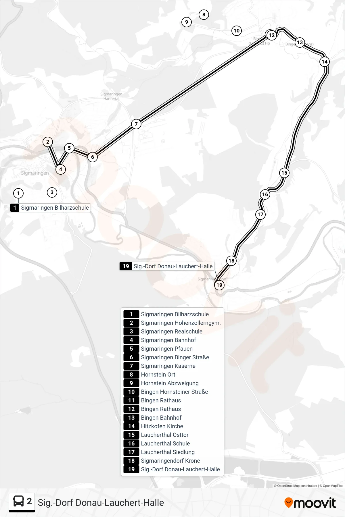 2 bus Line (Sig.-Dorf Donau-Lauchert-Halle) route and stops on a map