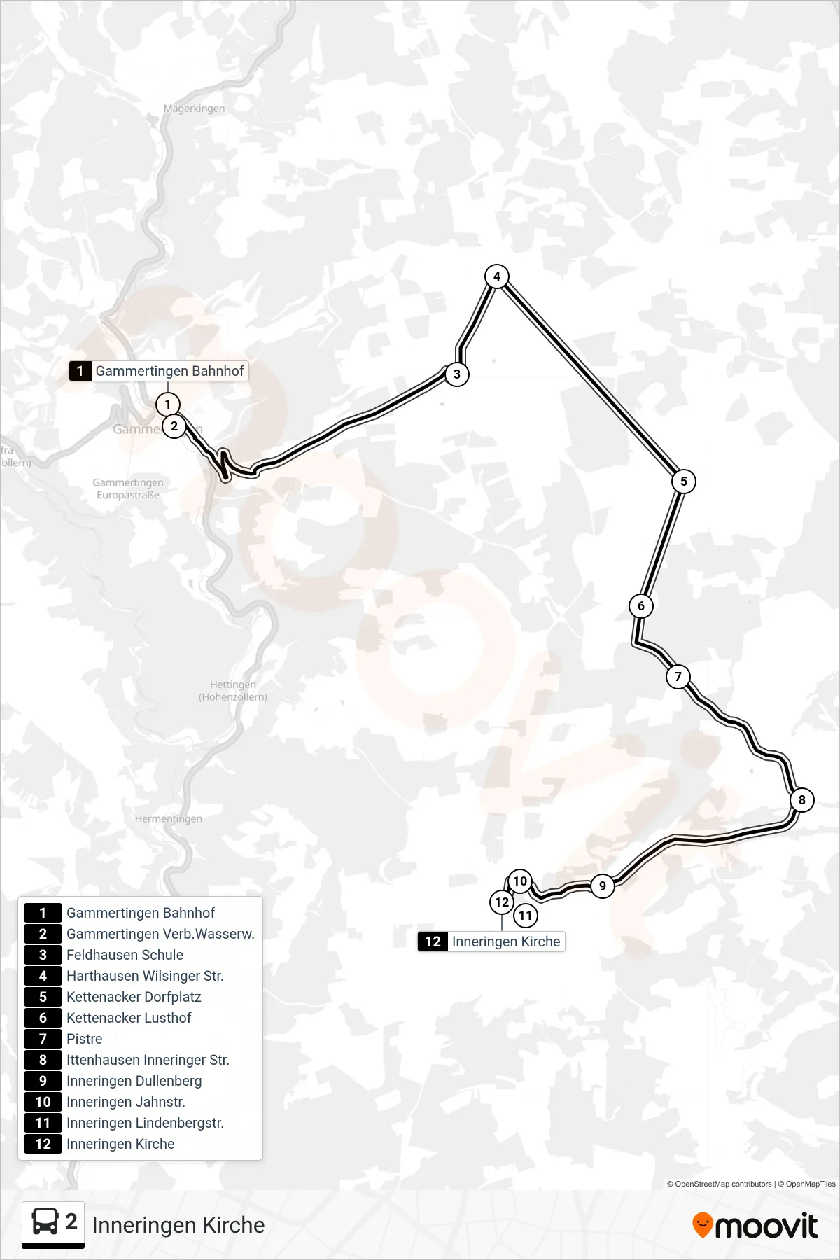 2 bus Line (Inneringen Kirche) route and stops on a map