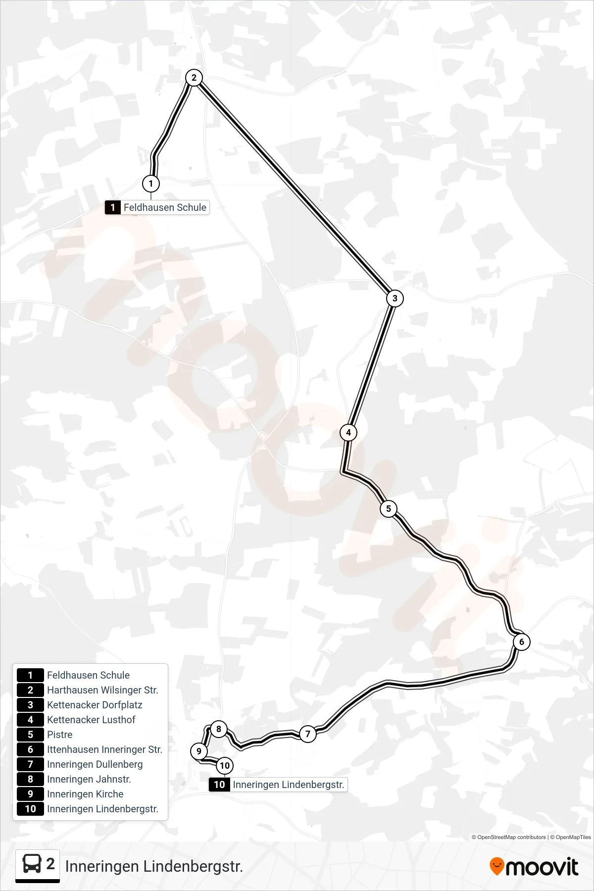 2 bus Line (Inneringen Lindenbergstr.) route and stops on a map