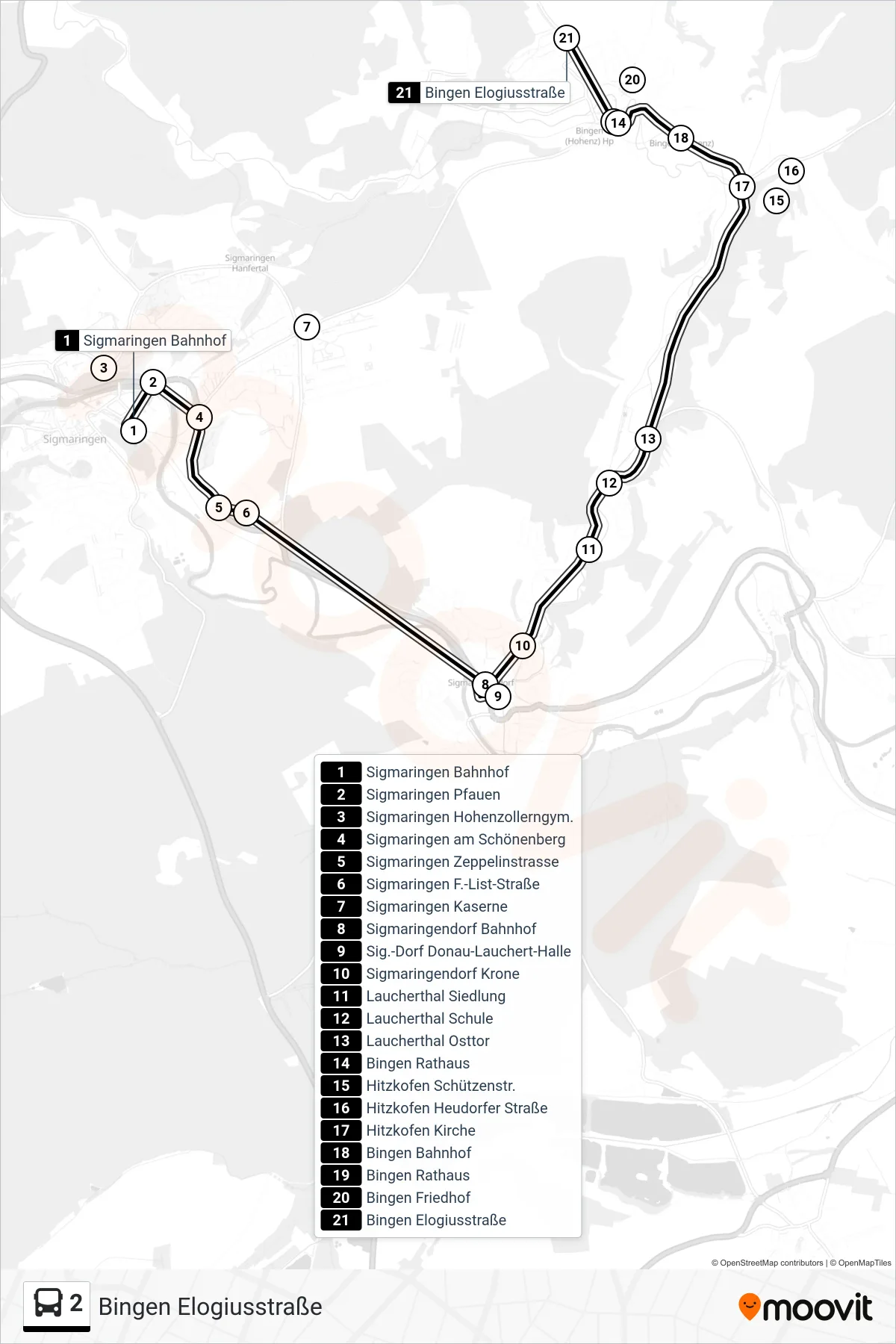 2 bus Line (Bingen Elogiusstraße) route and stops on a map