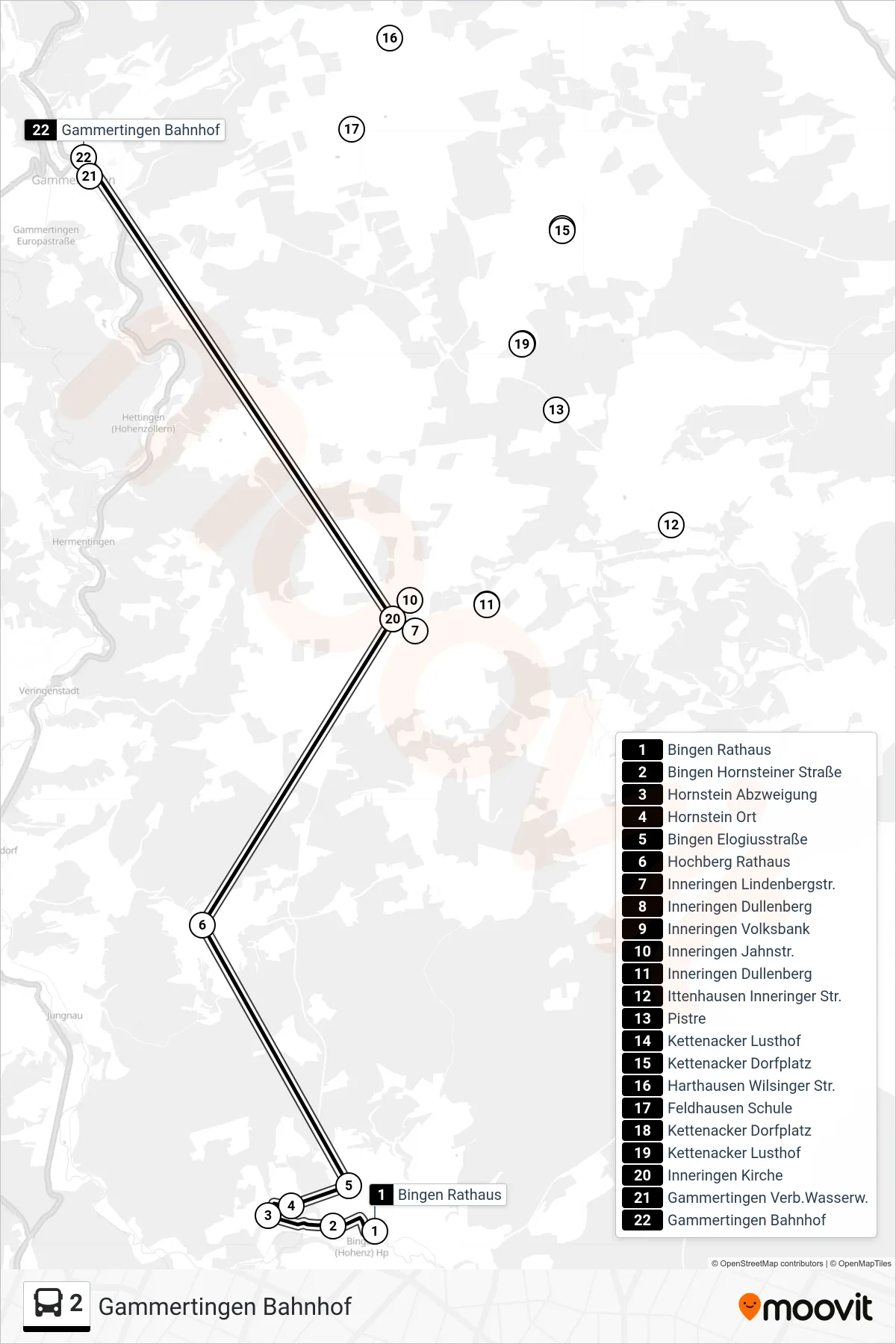 2 bus Line (Gammertingen Bahnhof) route and stops on a map