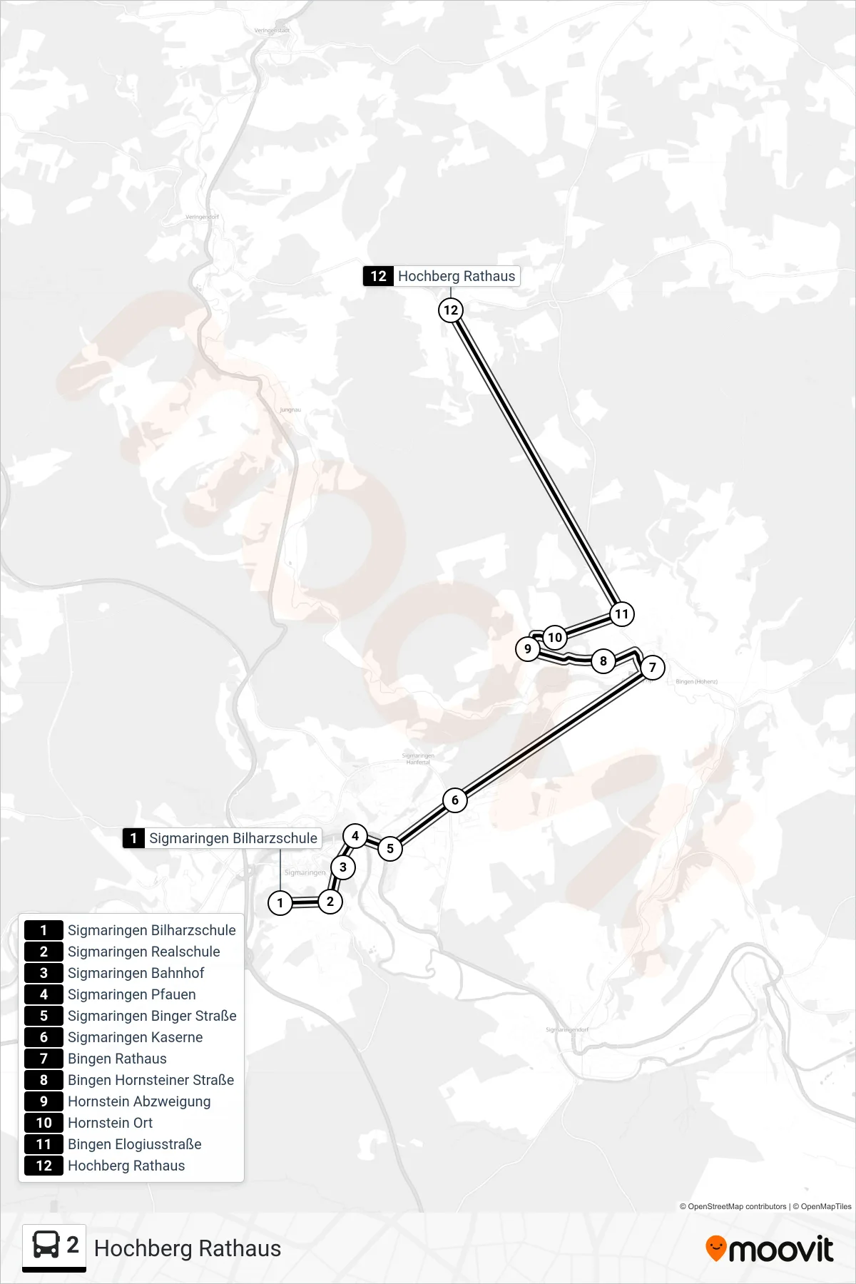 Linie 2 (Bus) Richtung Hochberg Rathaus: Route und Haltestellen auf der Karte