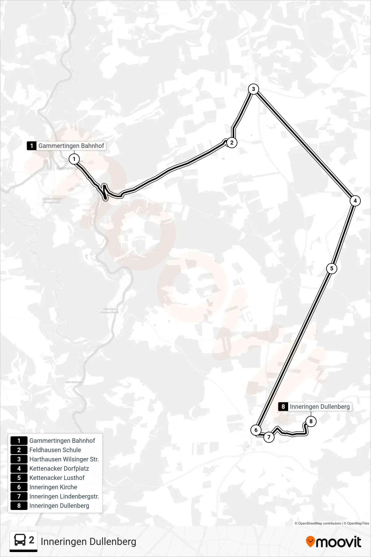 2 bus Line (Inneringen Dullenberg) route and stops on a map