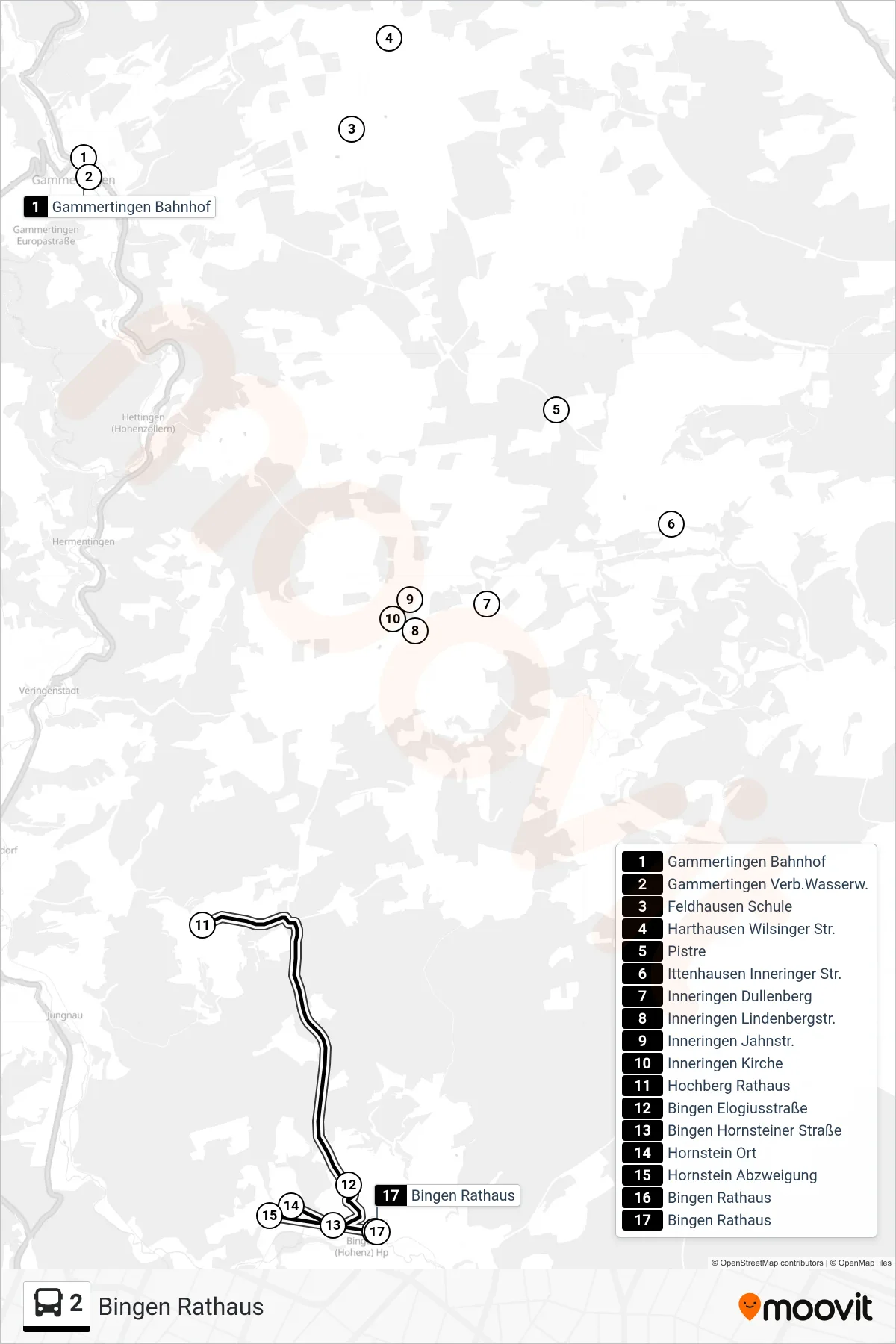 2 bus Line (Bingen Rathaus) route and stops on a map