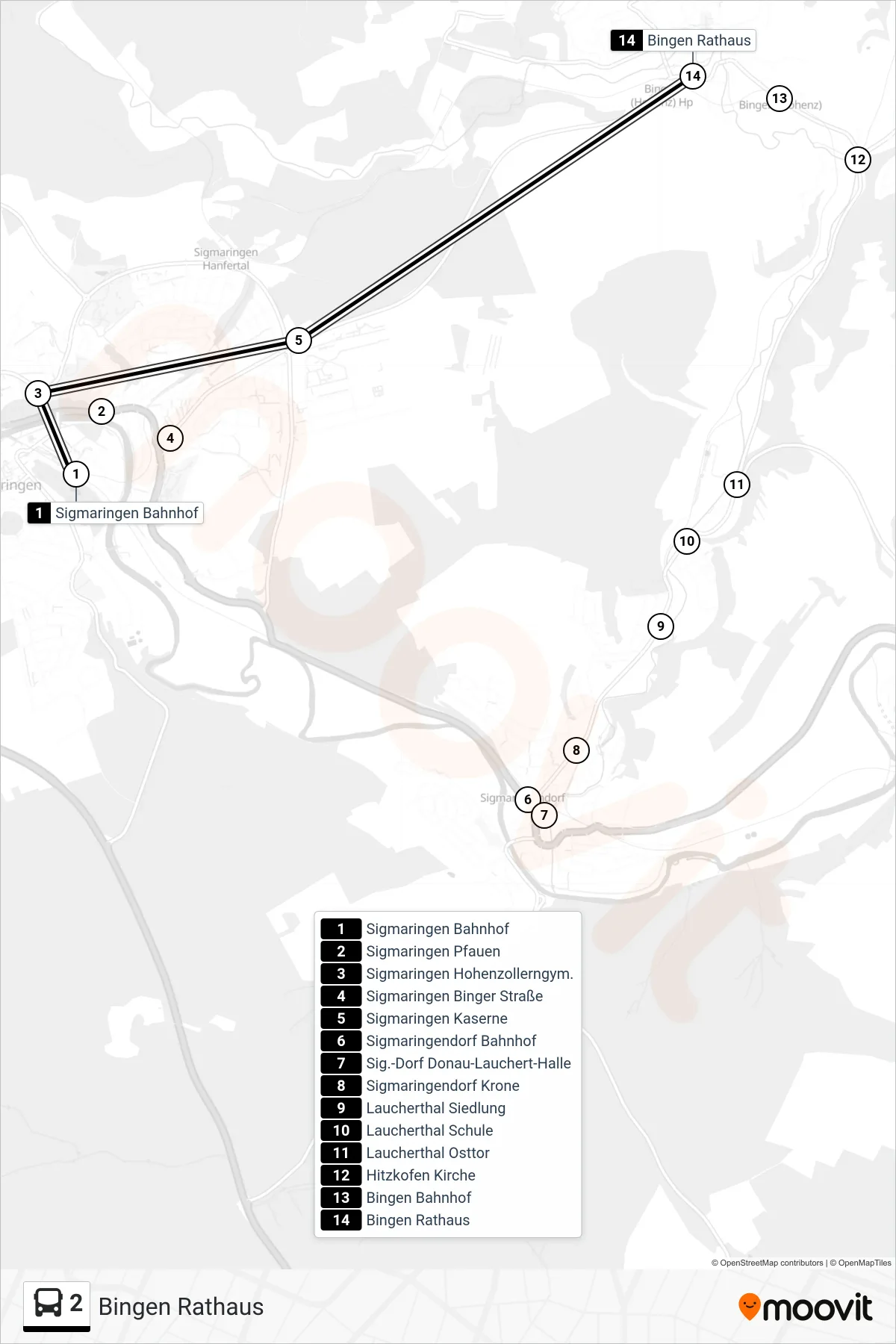 2 bus Line (Bingen Rathaus) route and stops on a map
