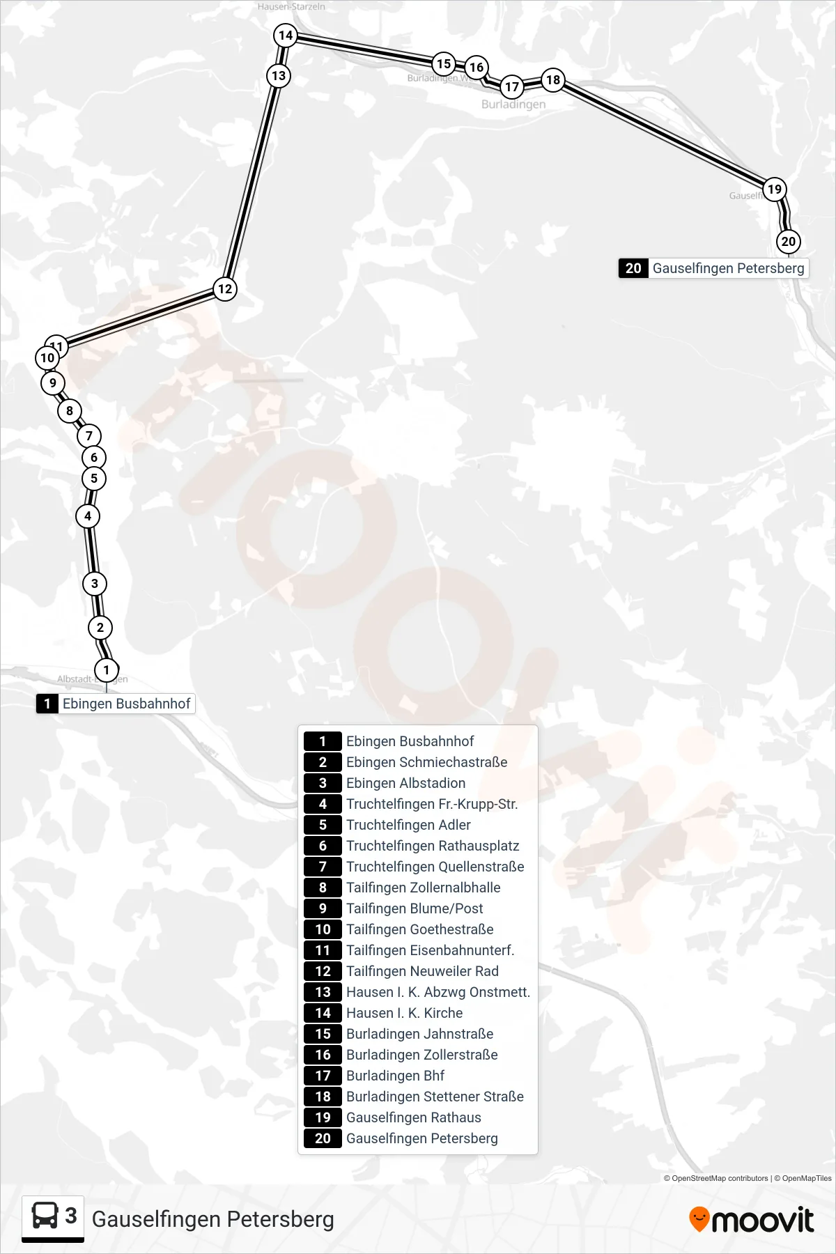 3 bus Line (Gauselfingen Petersberg) route and stops on a map