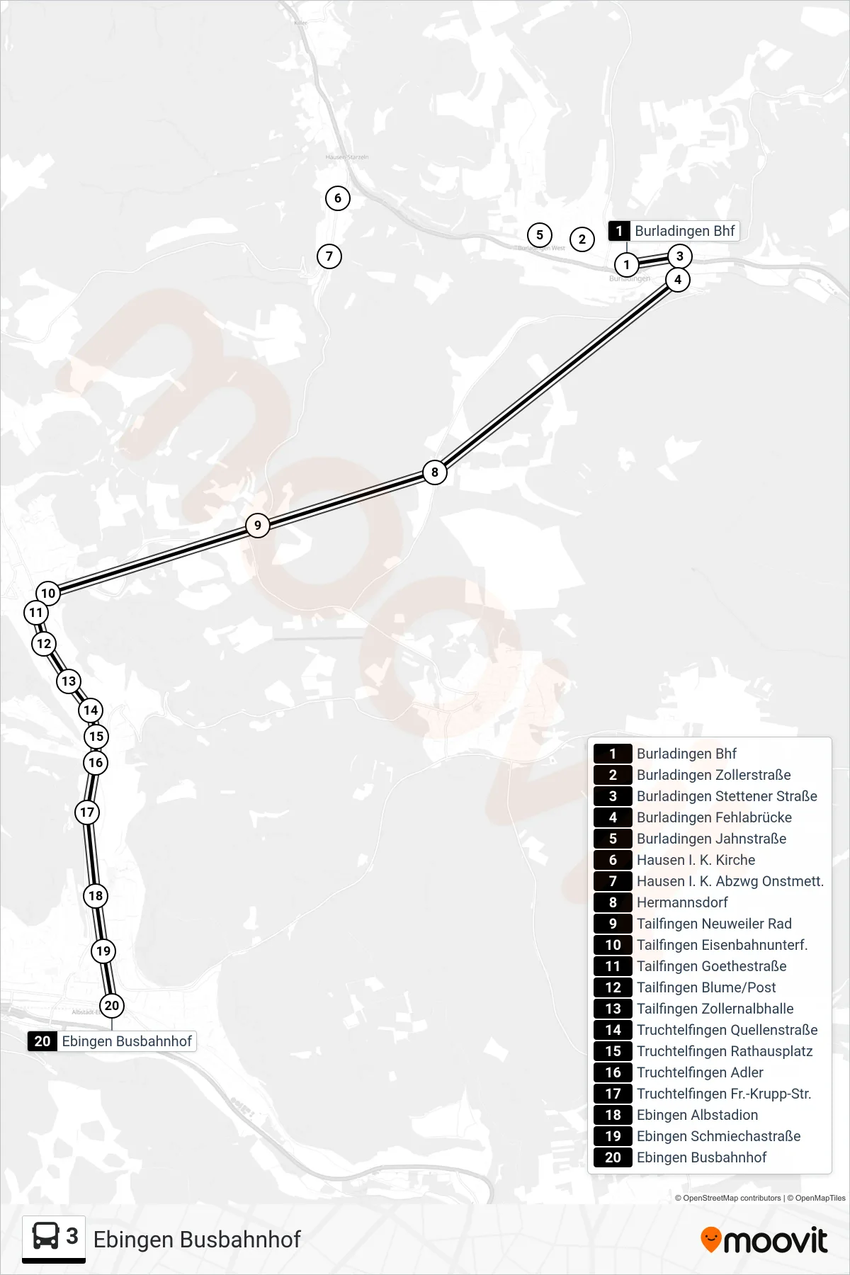 3 bus Line (Ebingen Busbahnhof) route and stops on a map