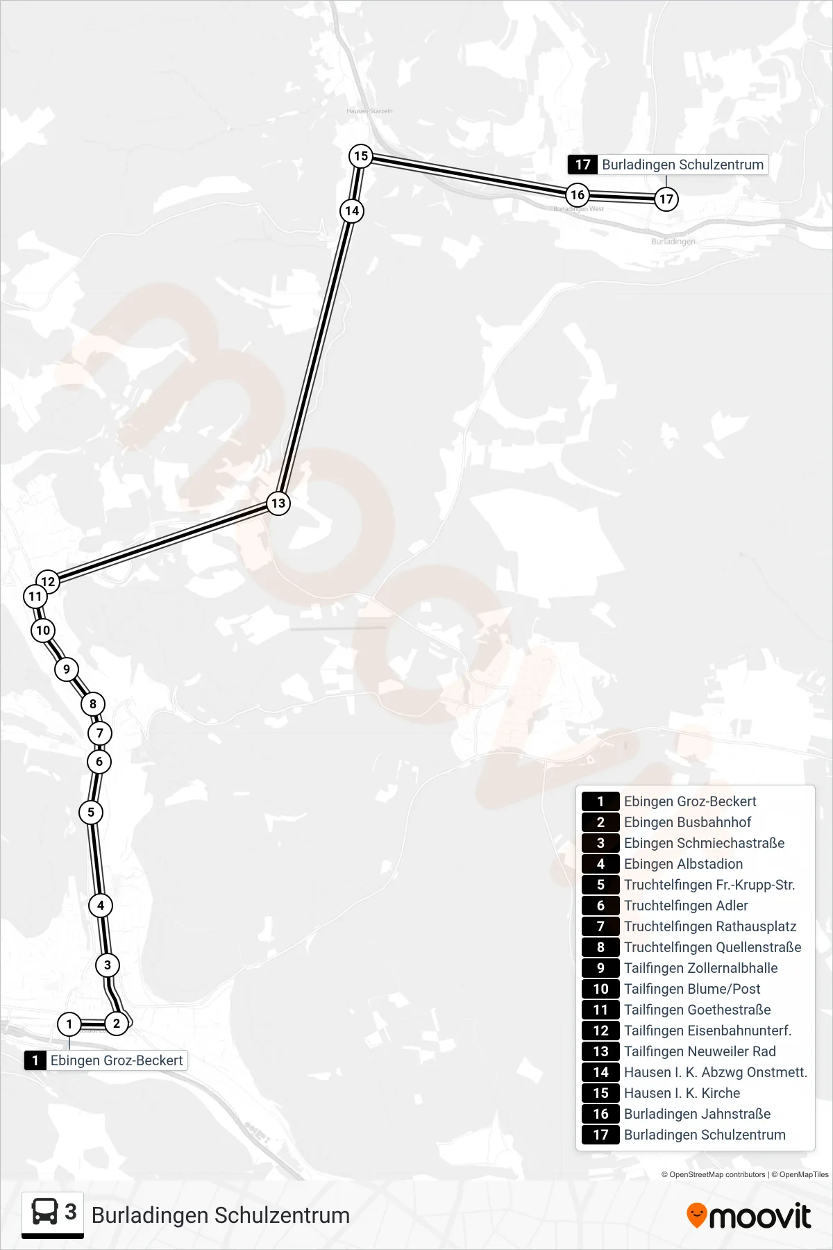 3 bus Line (Burladingen Schulzentrum) route and stops on a map