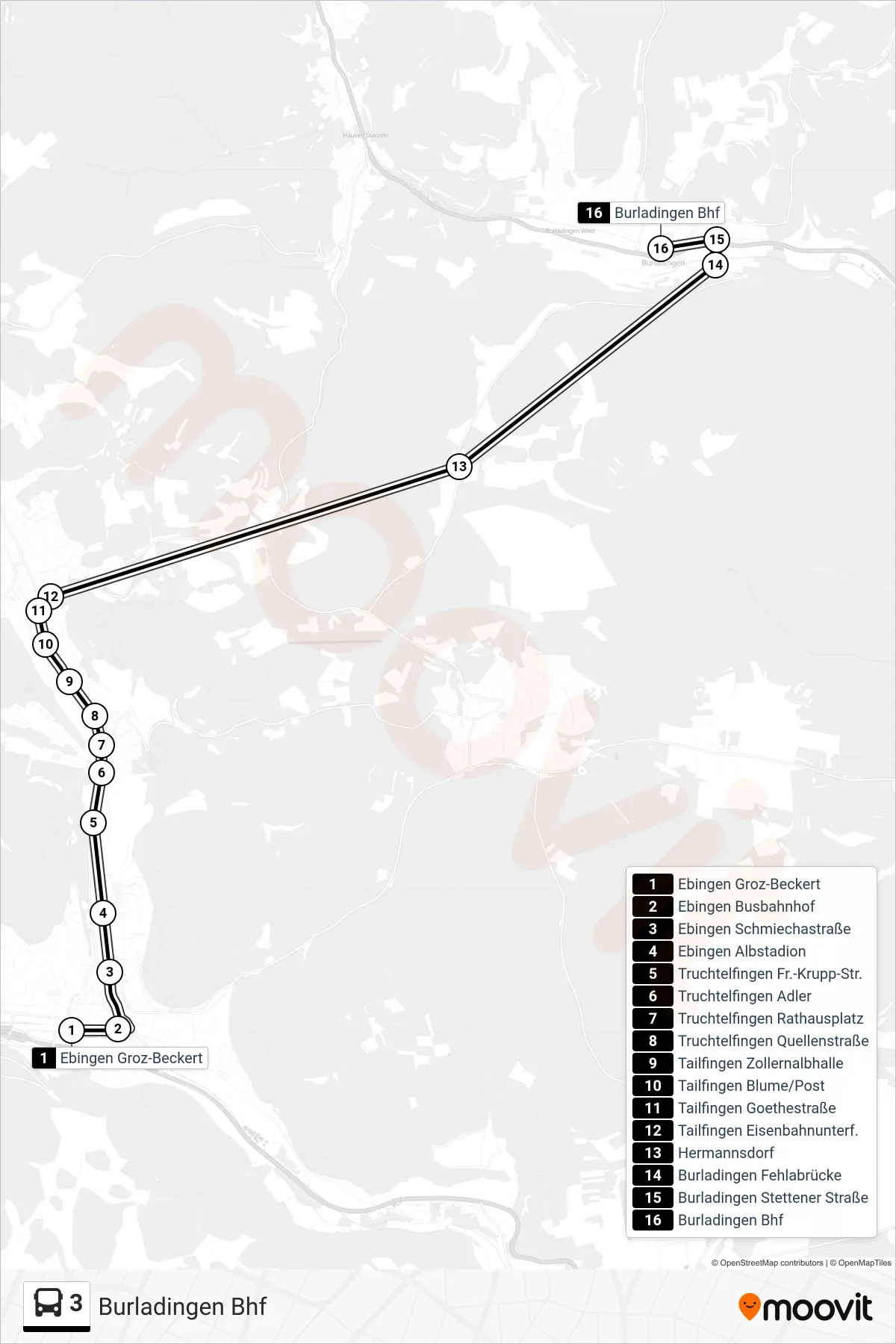 3 bus Line (Burladingen Bhf) route and stops on a map