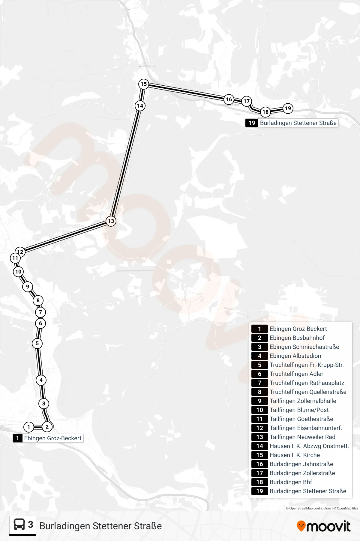 Linie 3 (Bus) Richtung Burladingen Stettener Straße: Route und Haltestellen auf der Karte