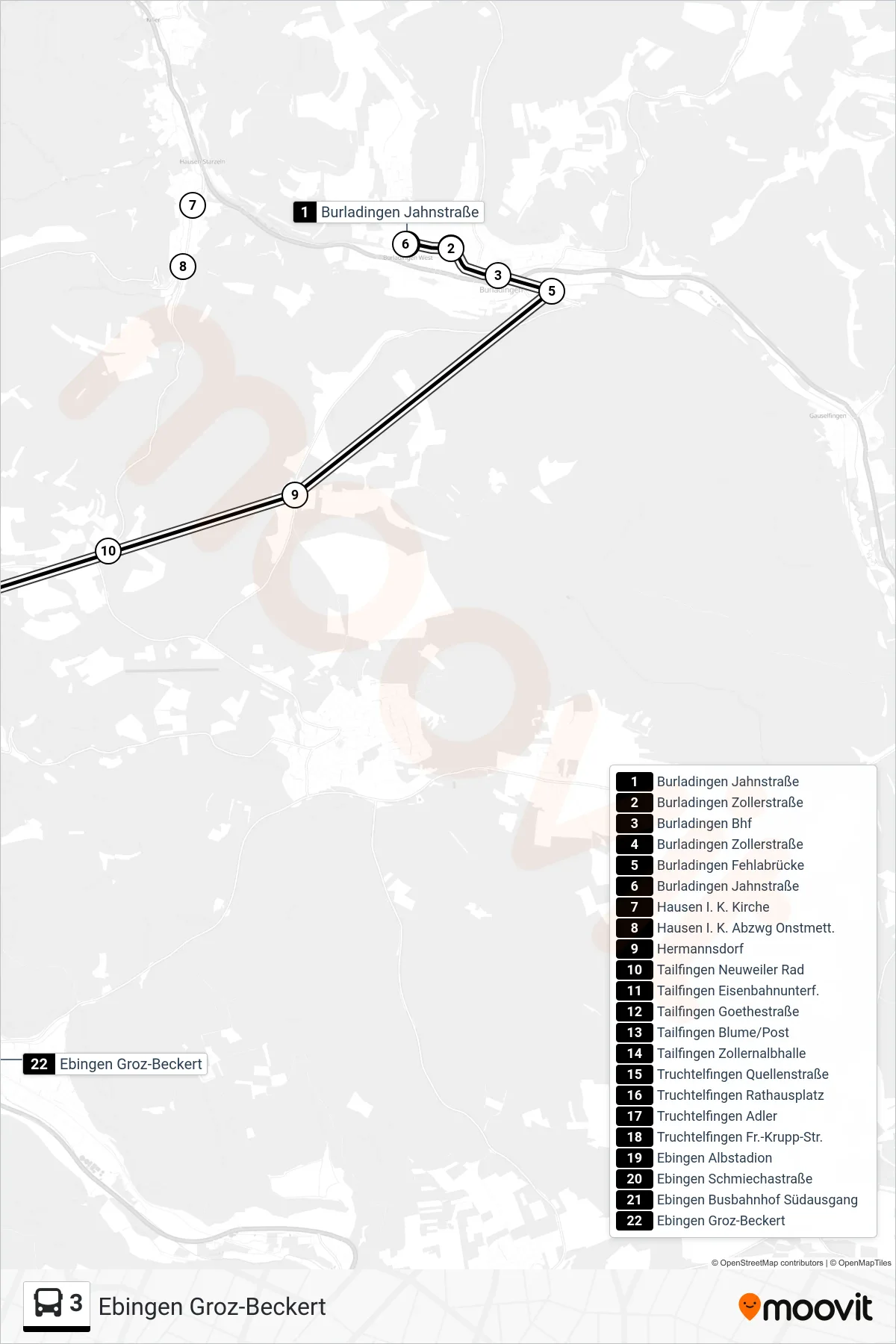 3 bus Line (Ebingen Groz-Beckert) route and stops on a map