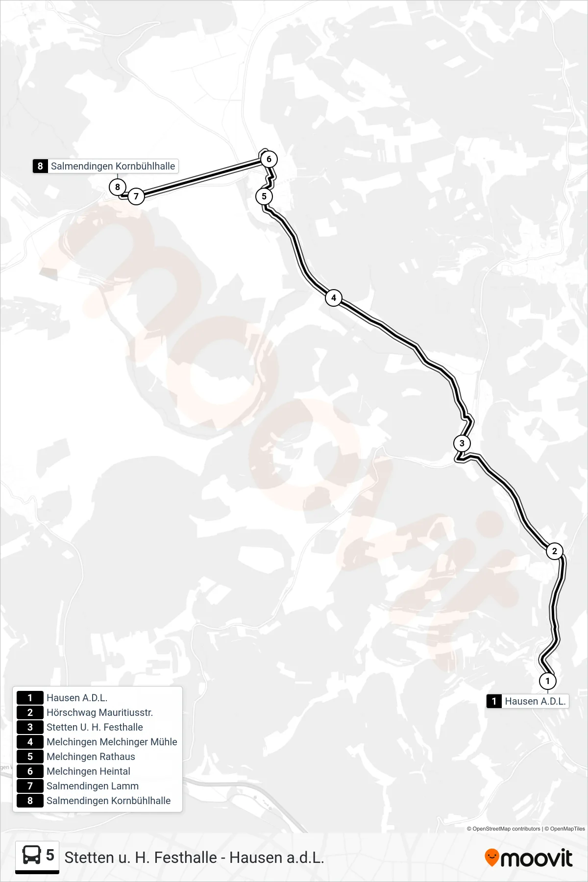 5 bus Line (Salmendingen Kornbühlhalle) route and stops on a map