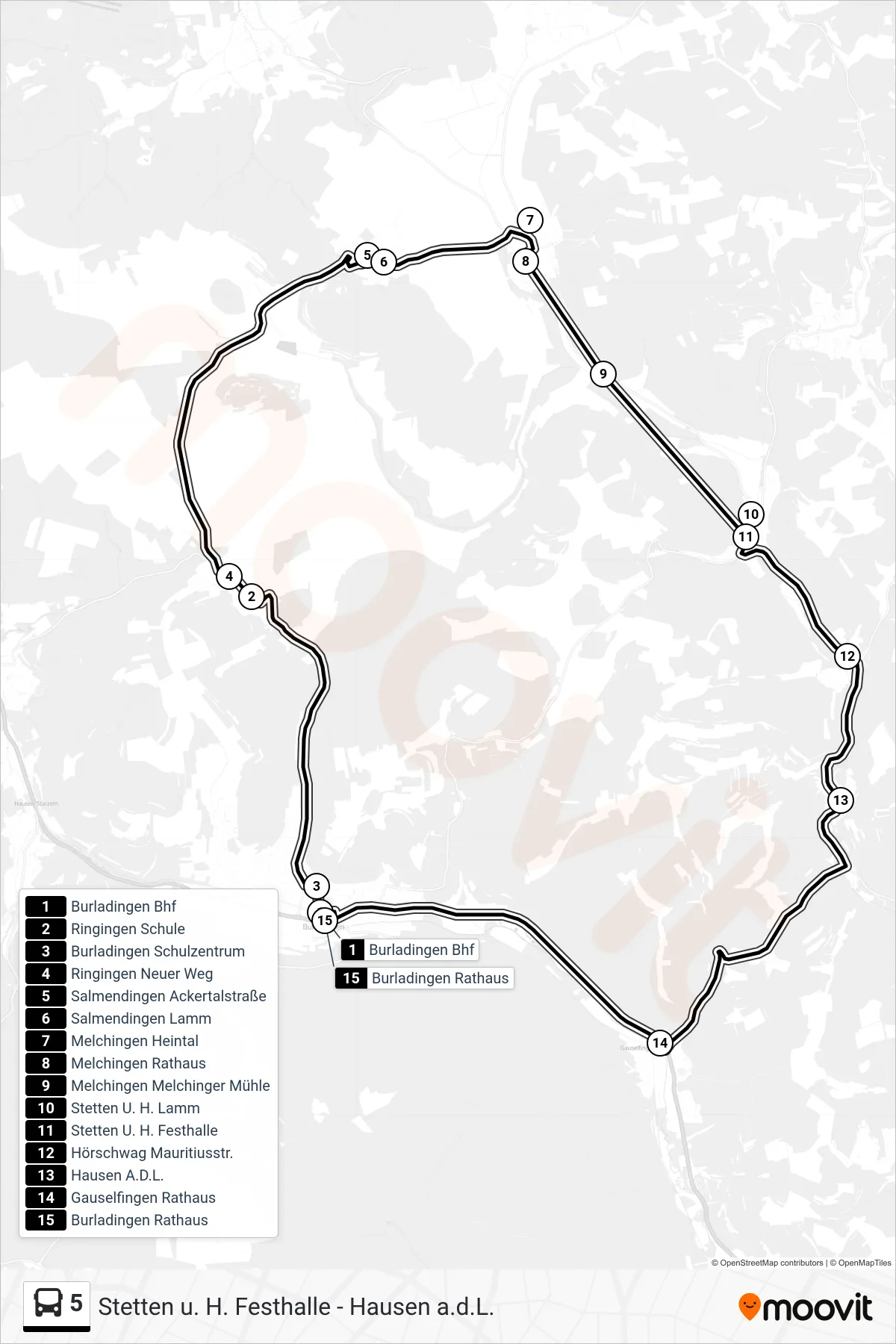 Linie 5 (Bus) Richtung Burladingen Schulzentrum: Route und Haltestellen auf der Karte