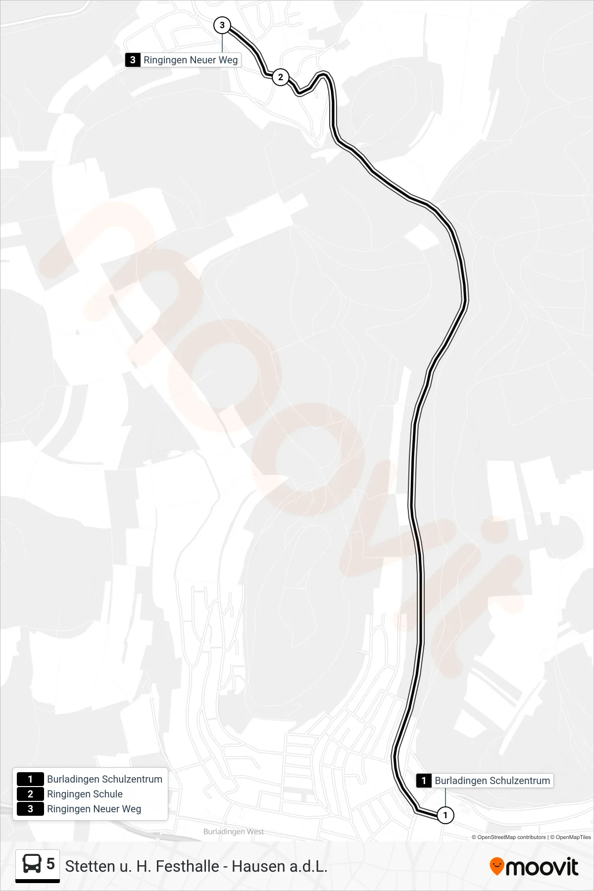 5 bus Line (Ringingen Neuer Weg) route and stops on a map