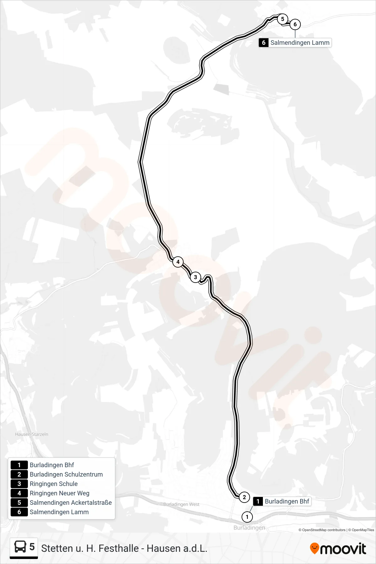 5 bus Line (Salmendingen Lamm) route and stops on a map