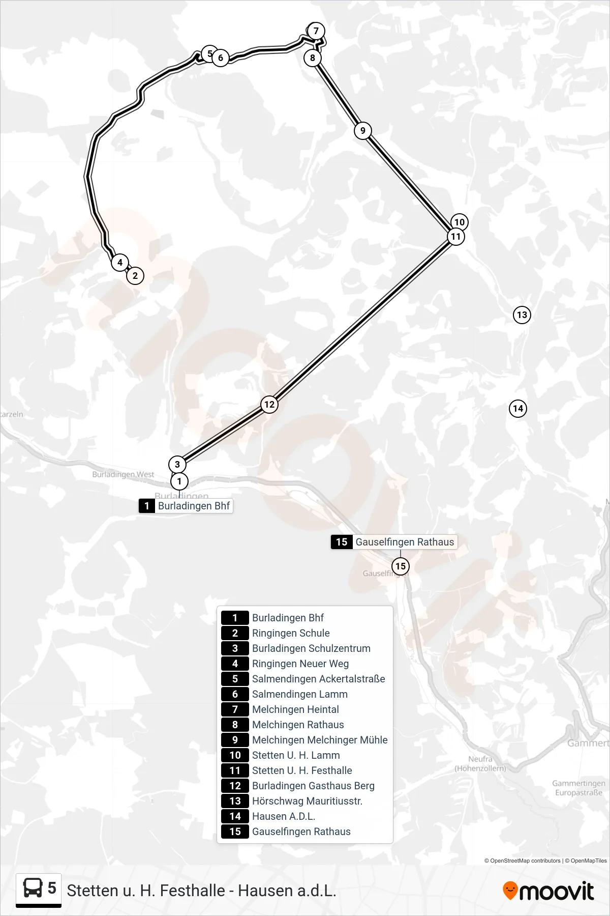 5 bus Line (Burladingen Bhf) route and stops on a map