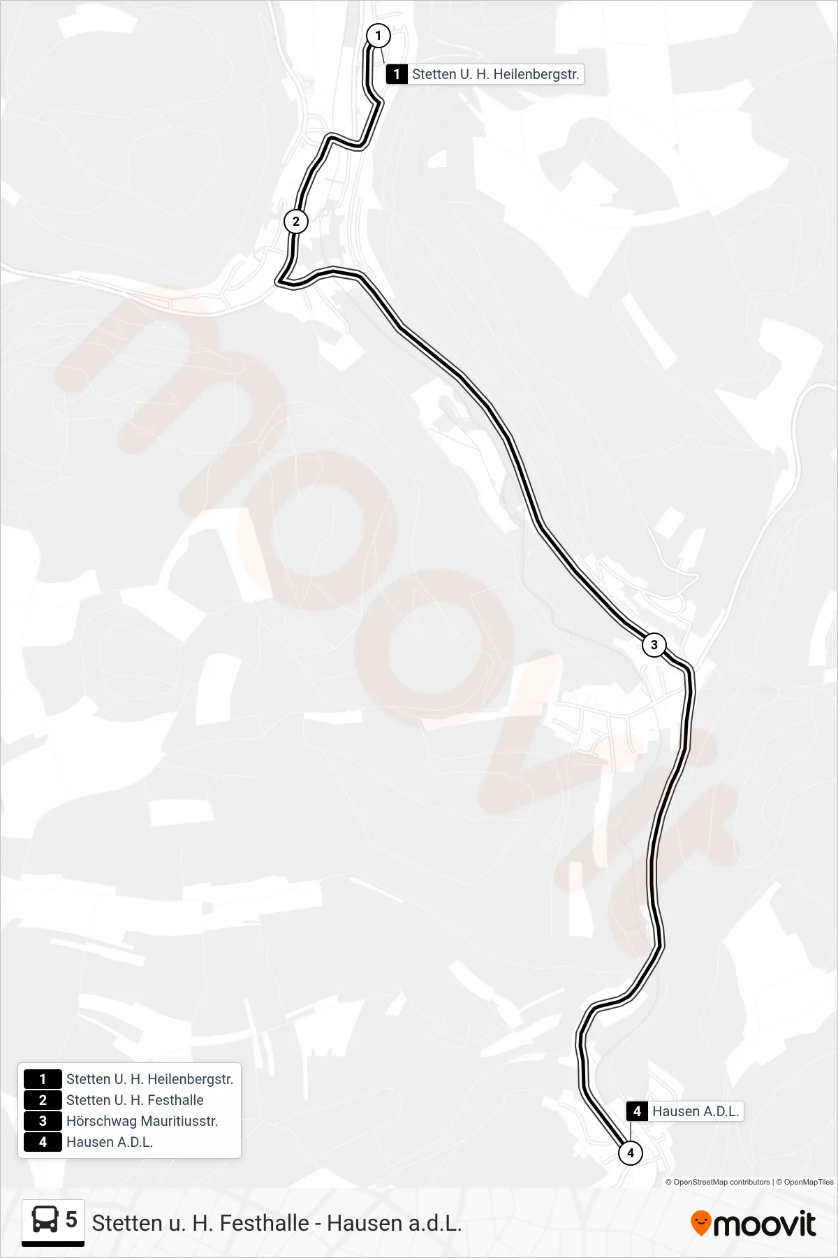 5 bus Line (Hausen A.D.L.) route and stops on a map