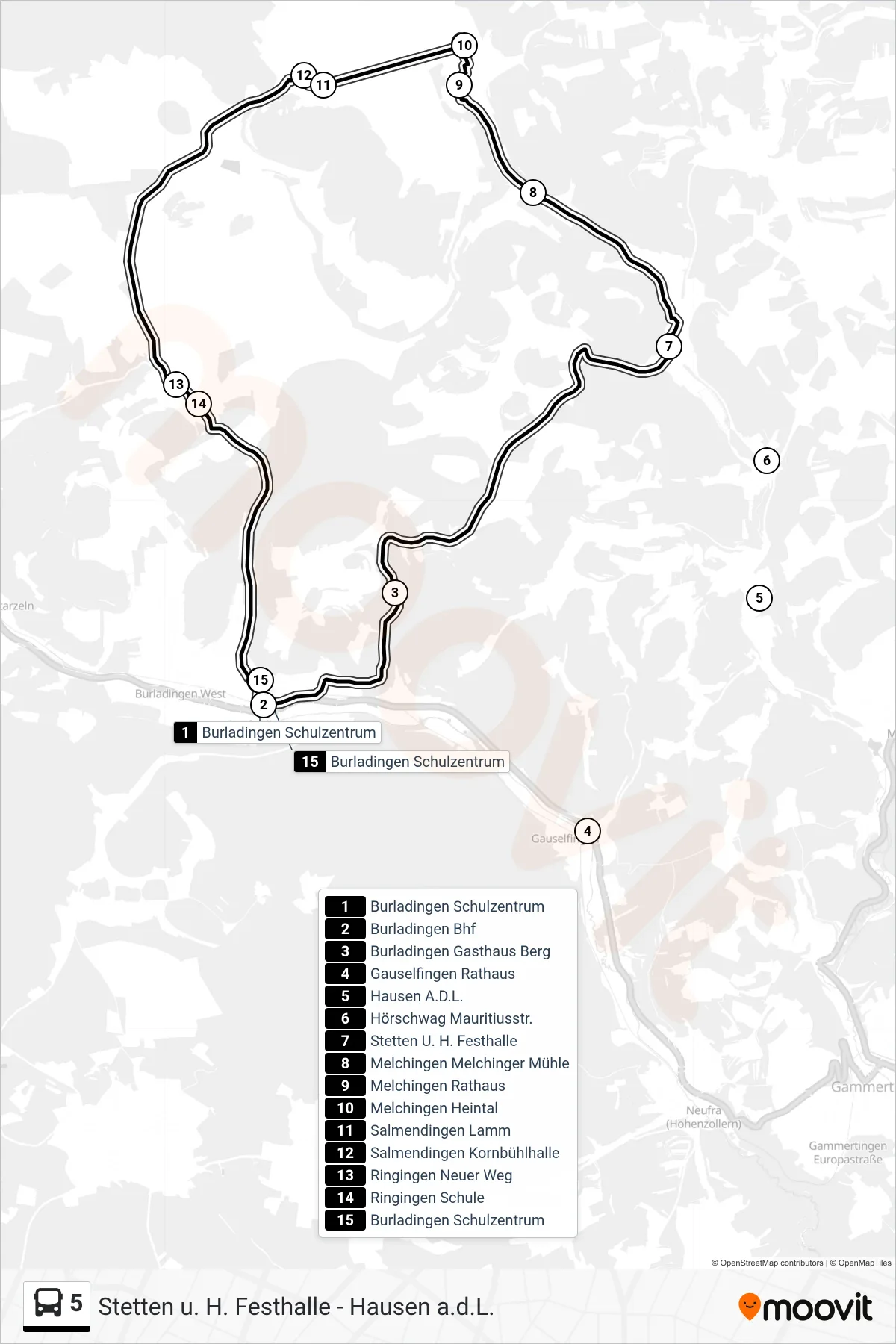 5 bus Line (Burladingen Schulzentrum) route and stops on a map