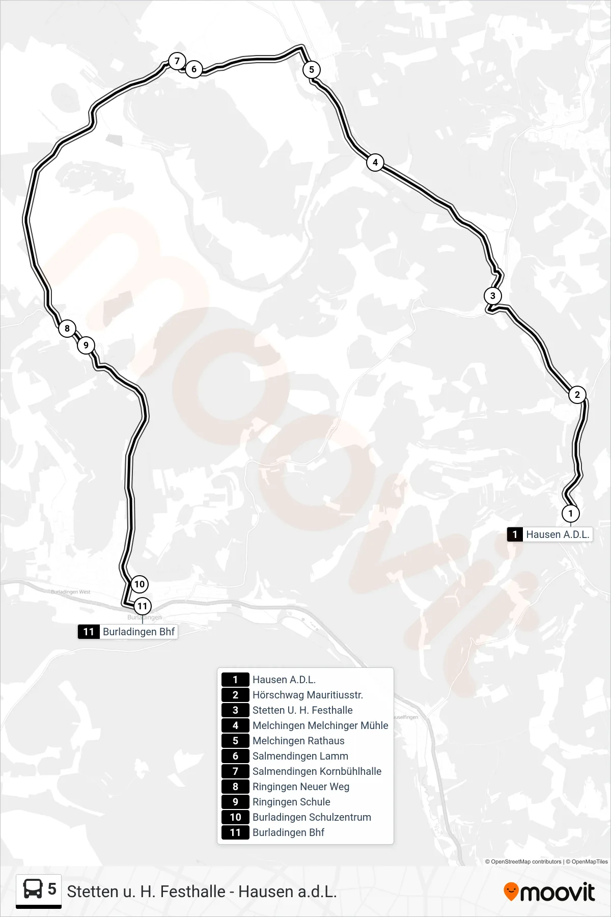 5 bus Line (Burladingen Bhf) route and stops on a map