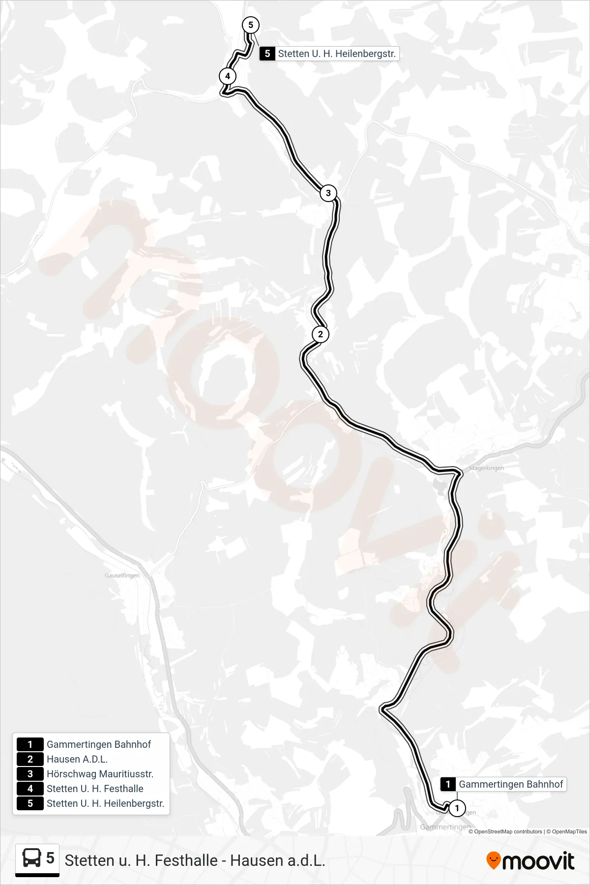 5 bus Line (Stetten U. H. Heilenbergstr.) route and stops on a map