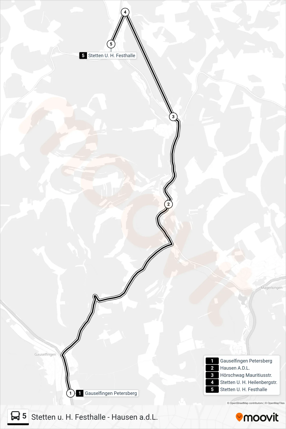 5 bus Line (Stetten U. H. Festhalle) route and stops on a map