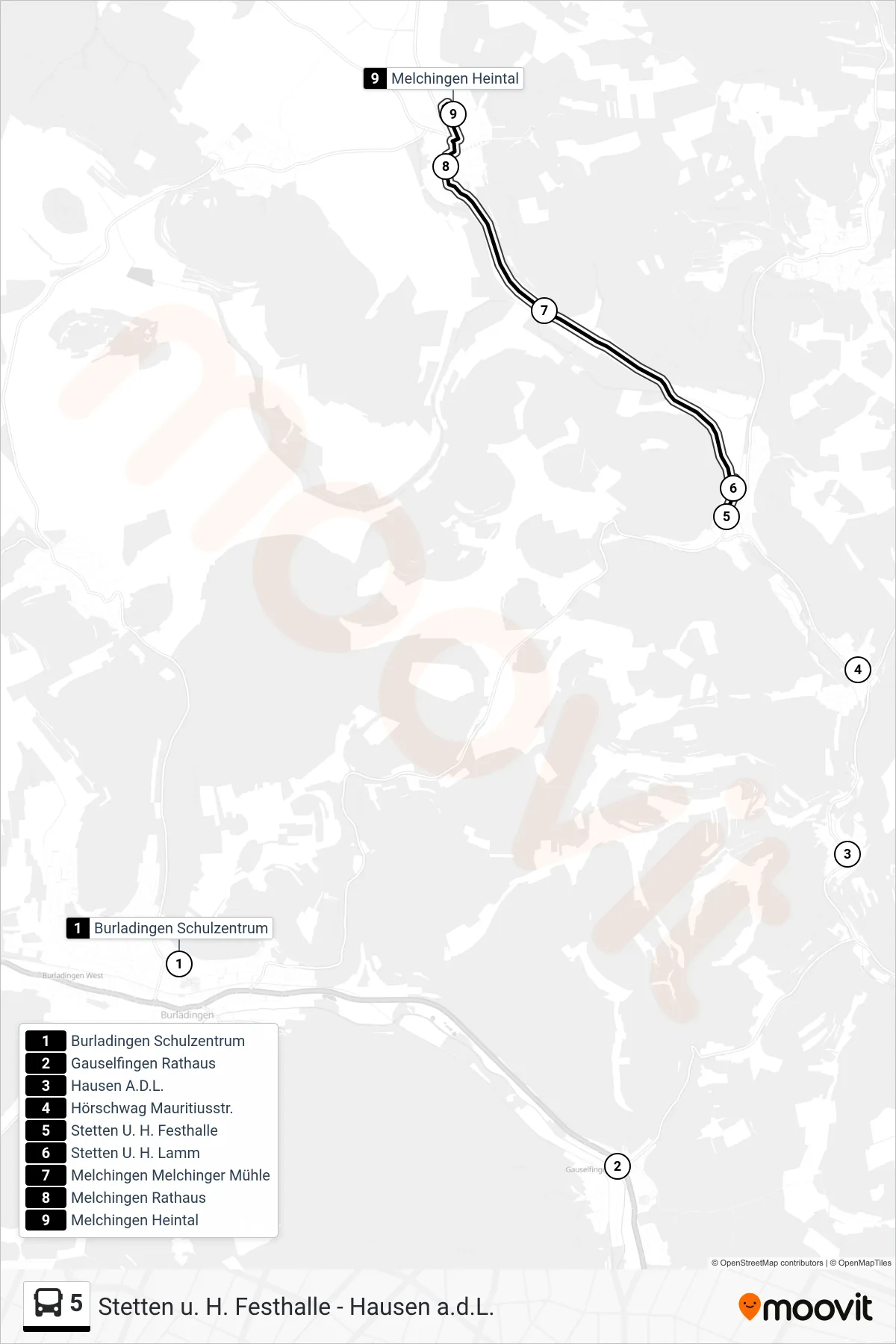 5 bus Line (Melchingen Heintal) route and stops on a map
