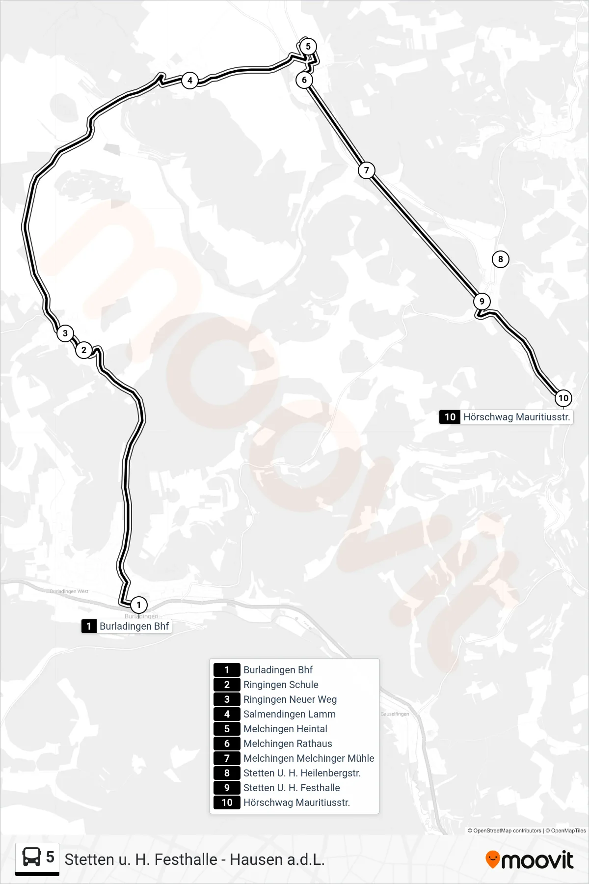 5 bus Line (Hörschwag Mauritiusstr.) route and stops on a map