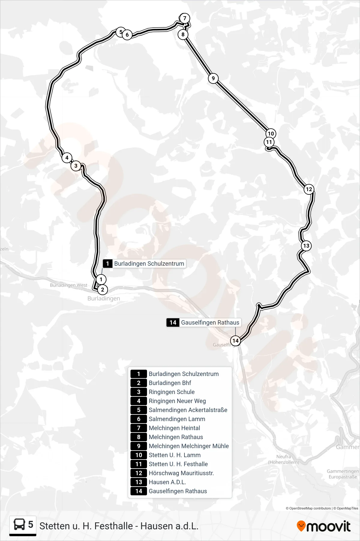 5 bus Line (Gauselfingen Rathaus) route and stops on a map