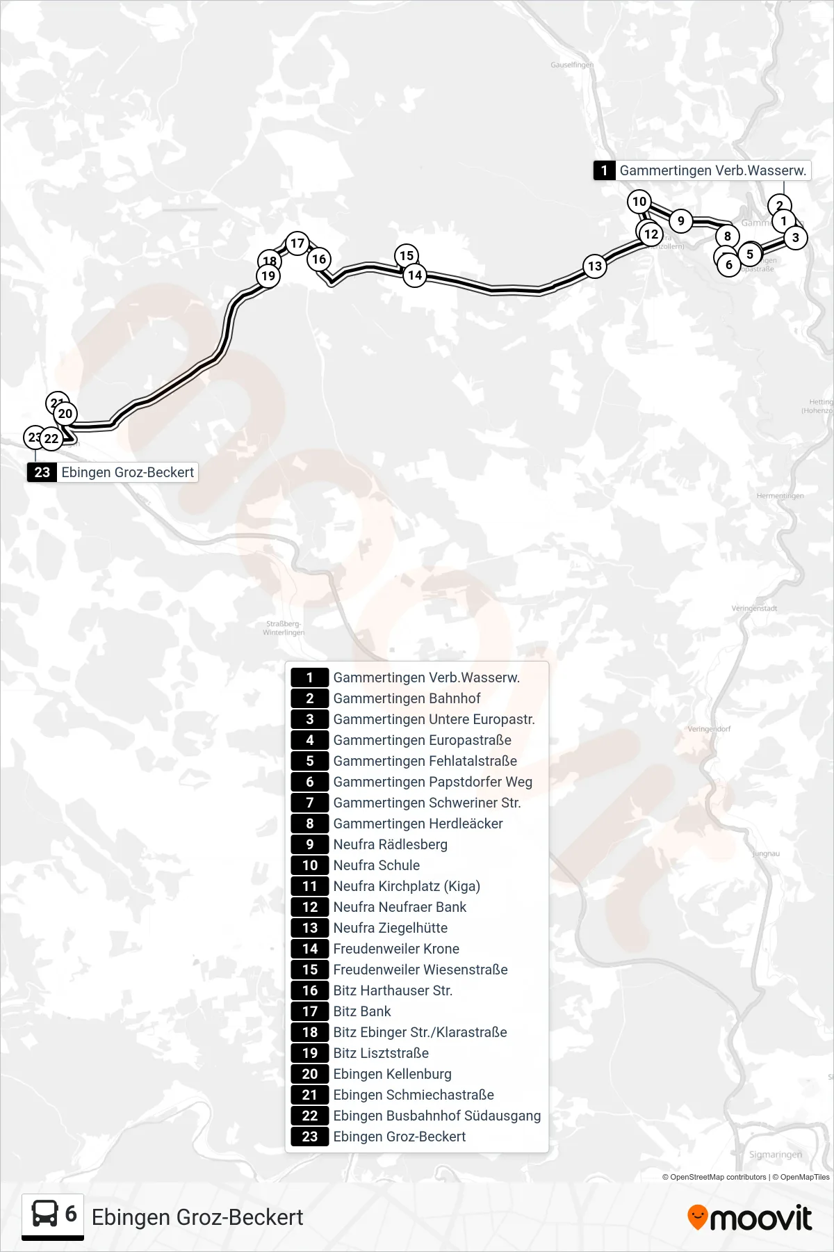 6 bus Line (Ebingen Groz-Beckert) route and stops on a map