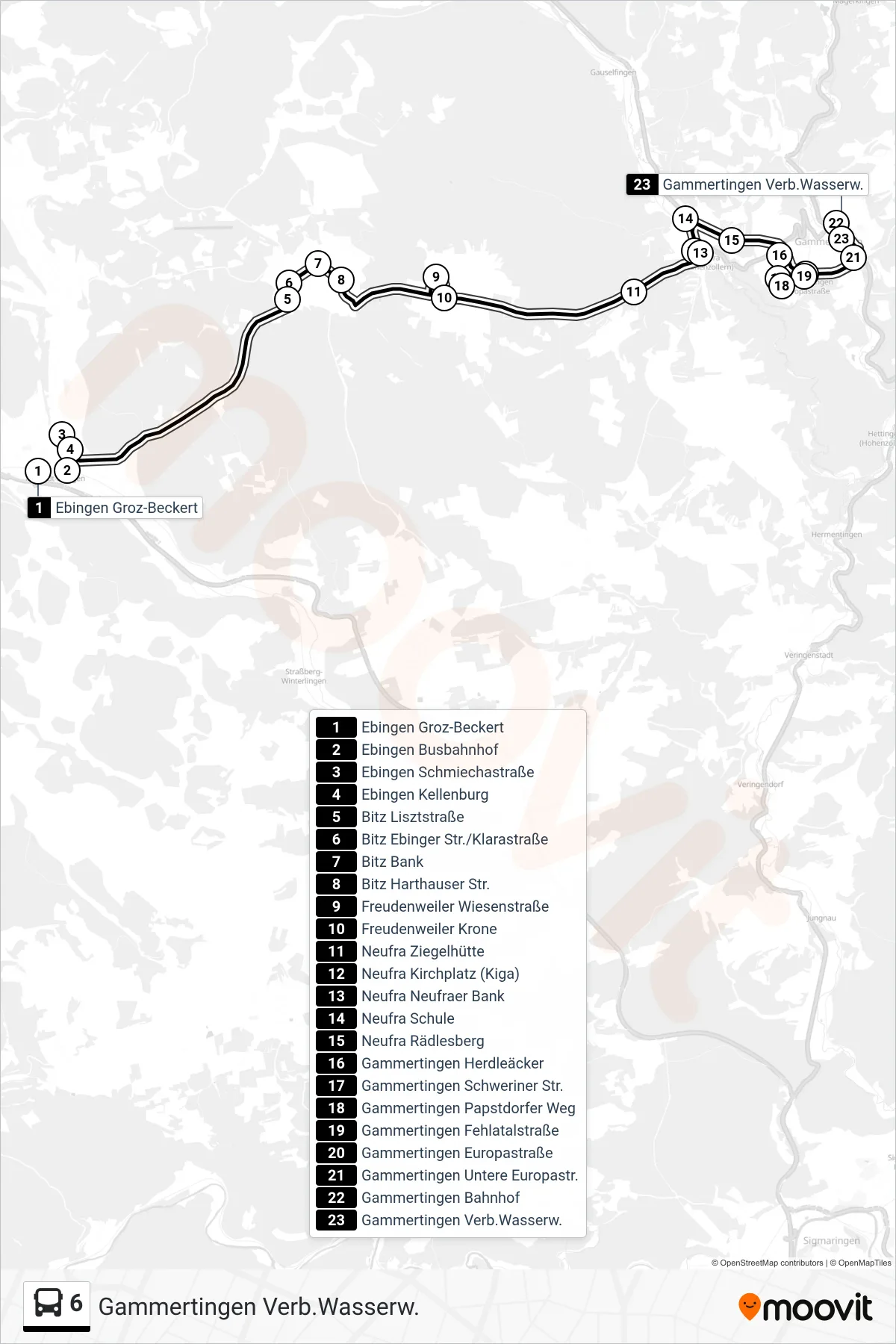 6 bus Line (Gammertingen Verb.Wasserw.) route and stops on a map
