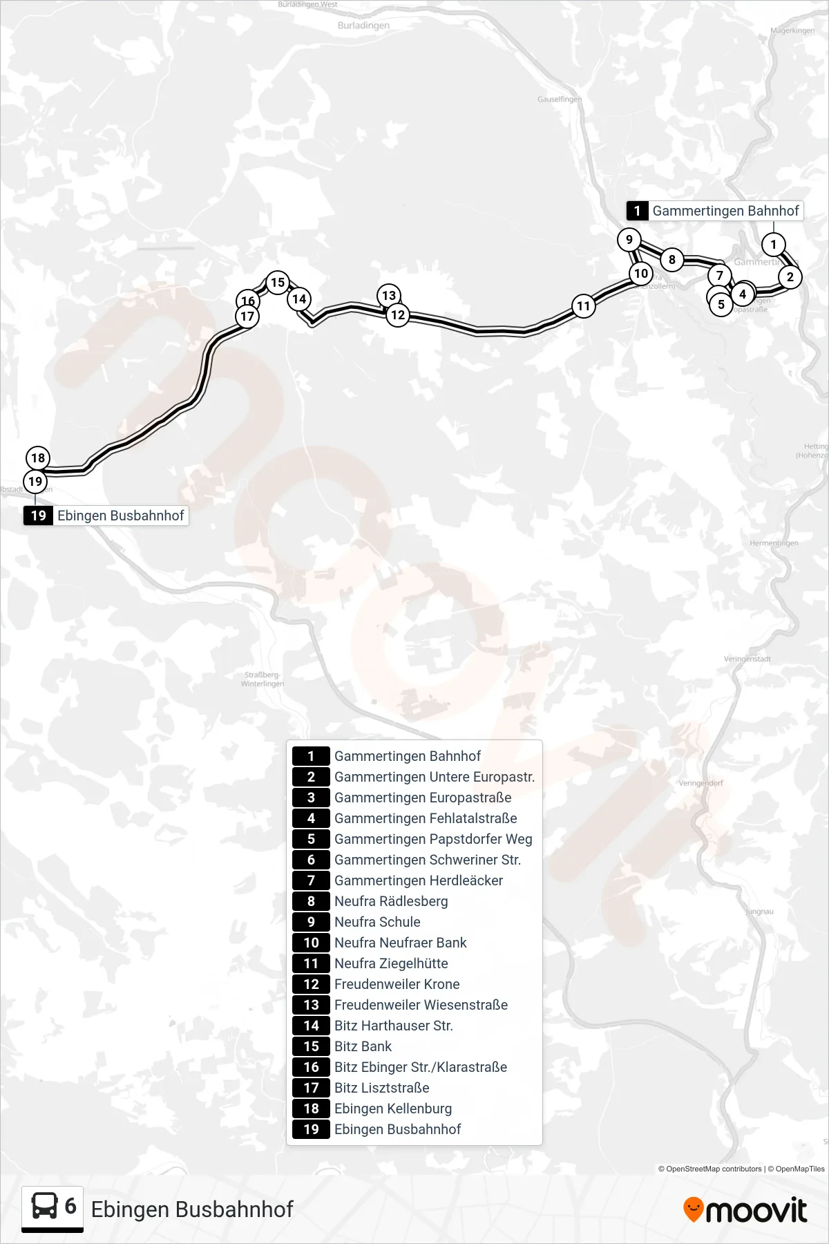 6 bus Line (Ebingen Busbahnhof) route and stops on a map