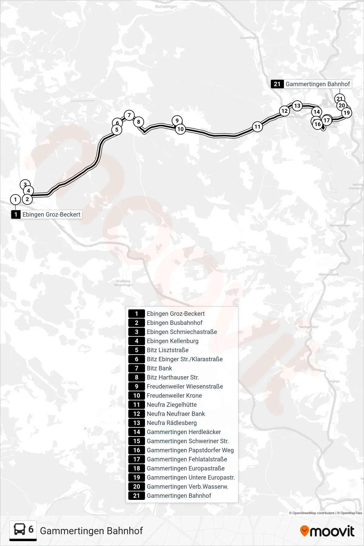 Linie 6 (Bus) Richtung Gammertingen Bahnhof: Route und Haltestellen auf der Karte