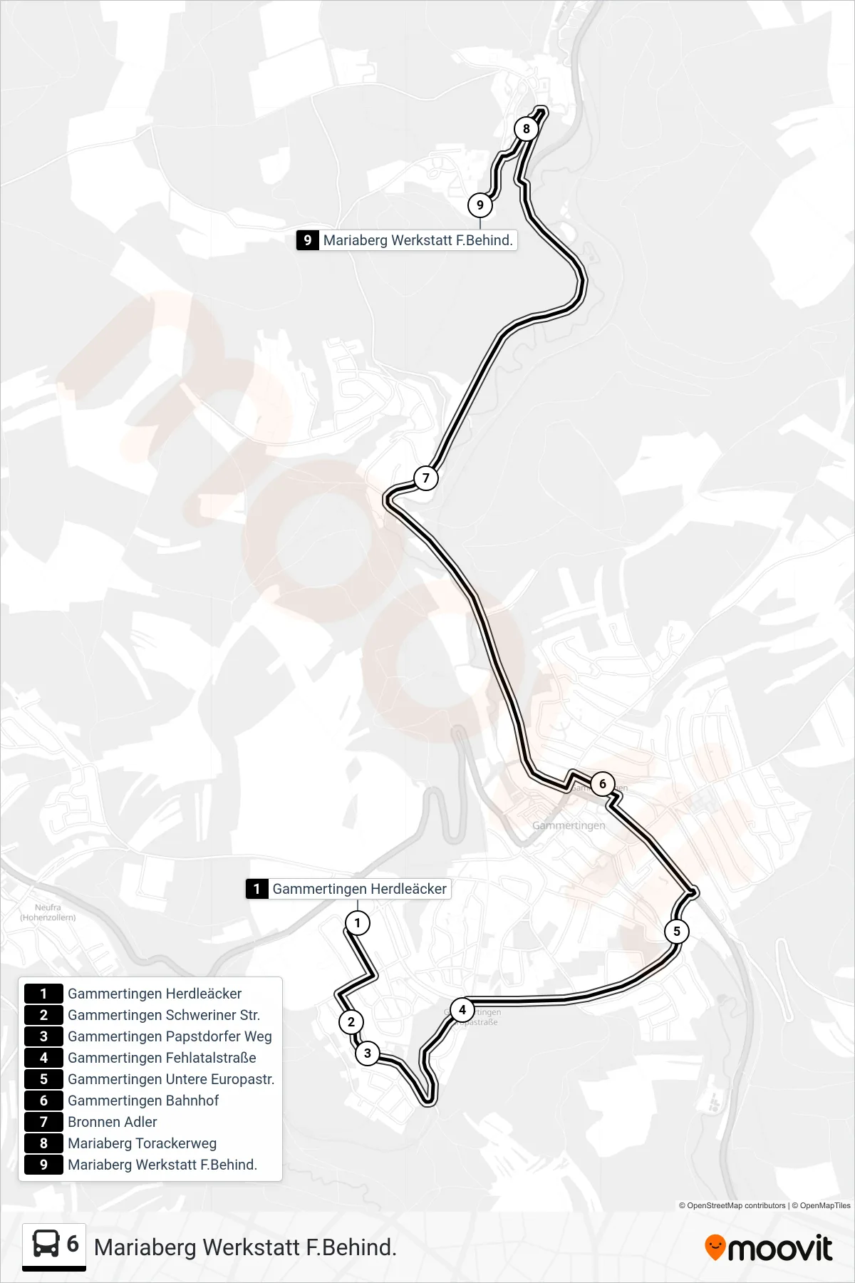 6 bus Line (Mariaberg Werkstatt F.Behind.) route and stops on a map