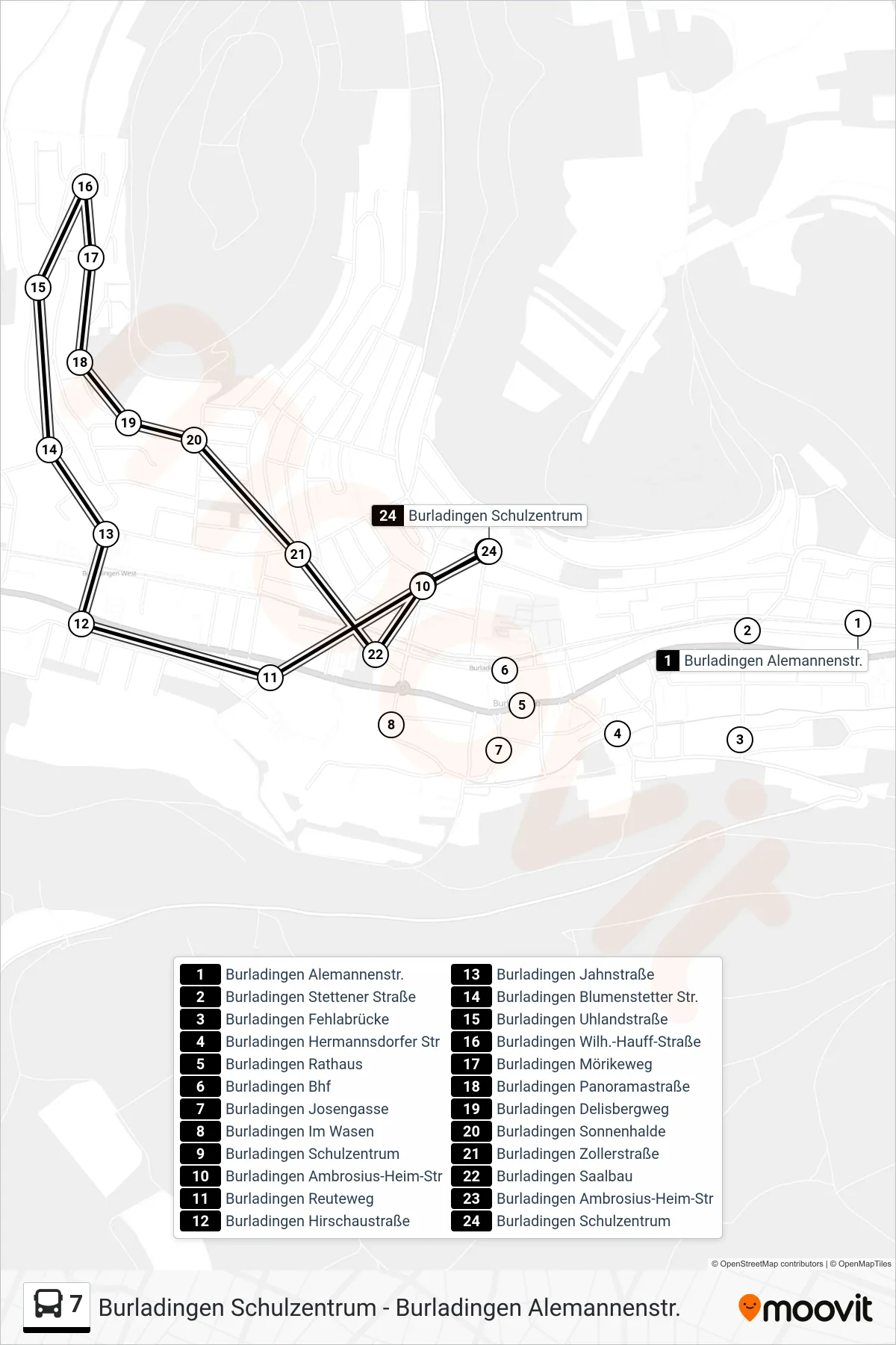 7 bus Line (Burladingen Schulzentrum) route and stops on a map