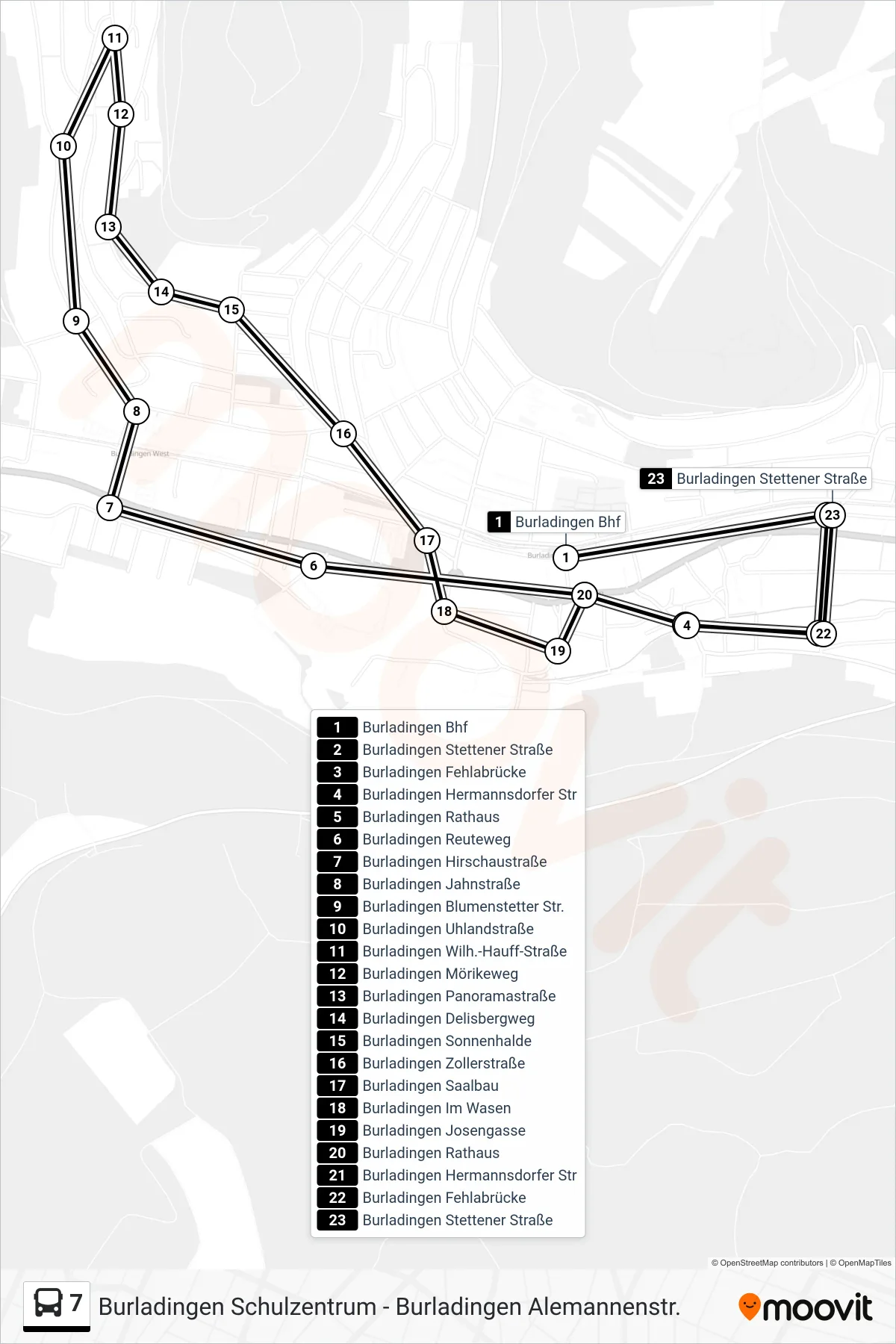 7 bus Line (Burladingen Stettener Straße) route and stops on a map