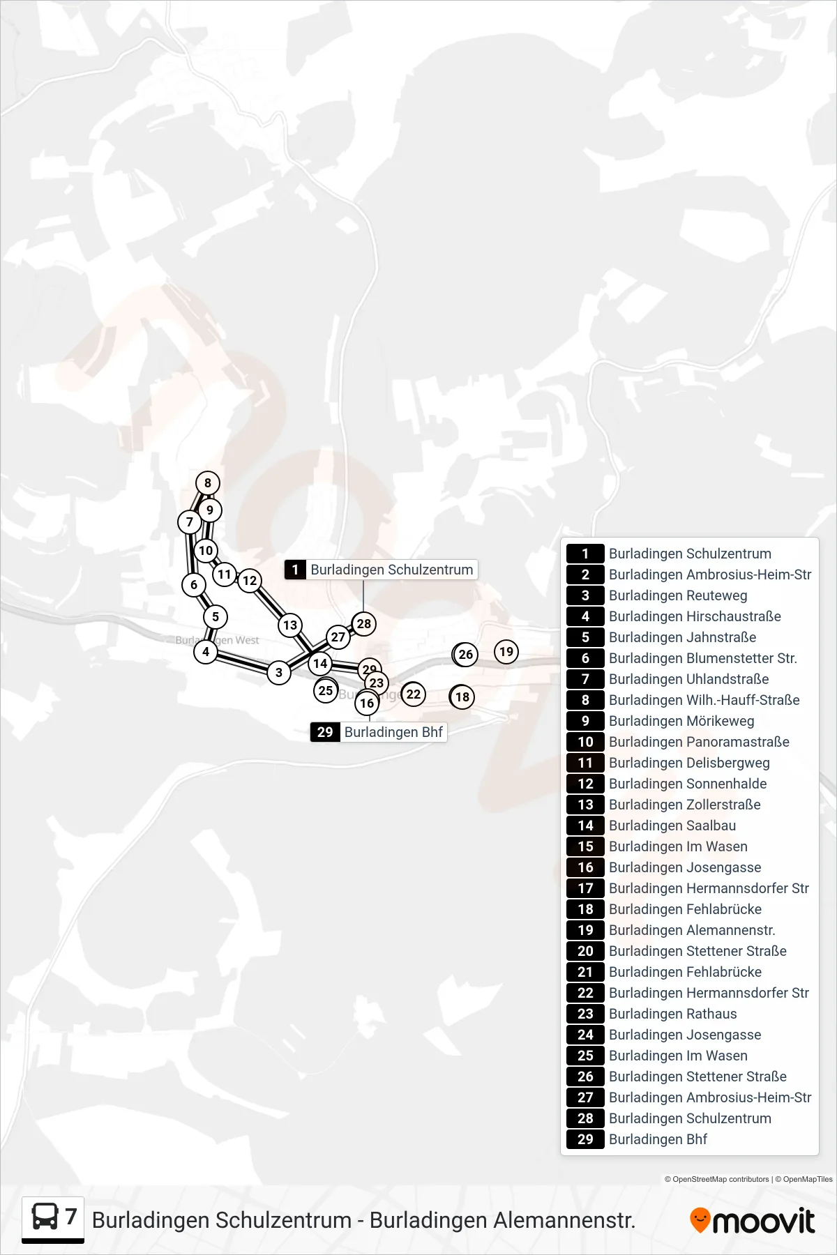 7 bus Line (Burladingen Bhf) route and stops on a map