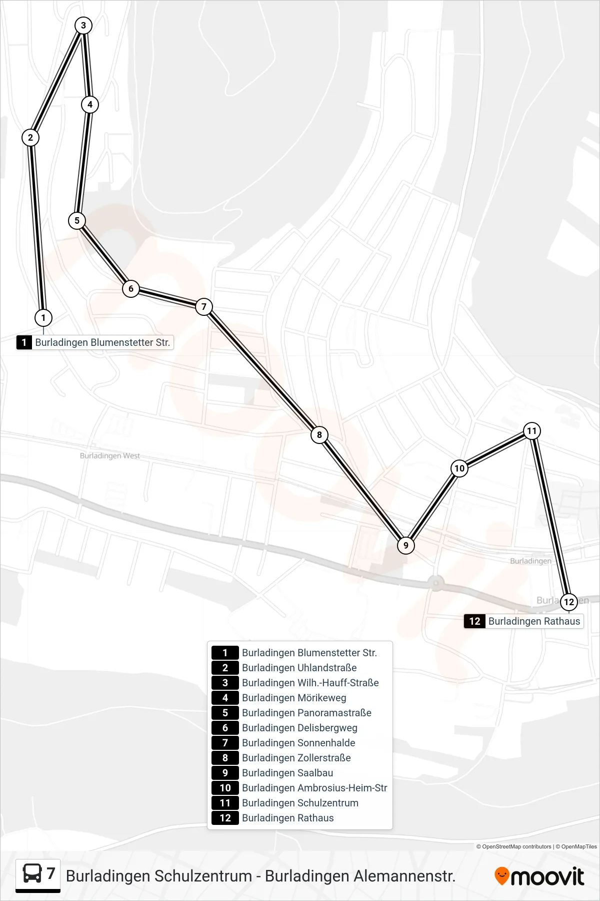 7 bus Line (Burladingen Rathaus) route and stops on a map