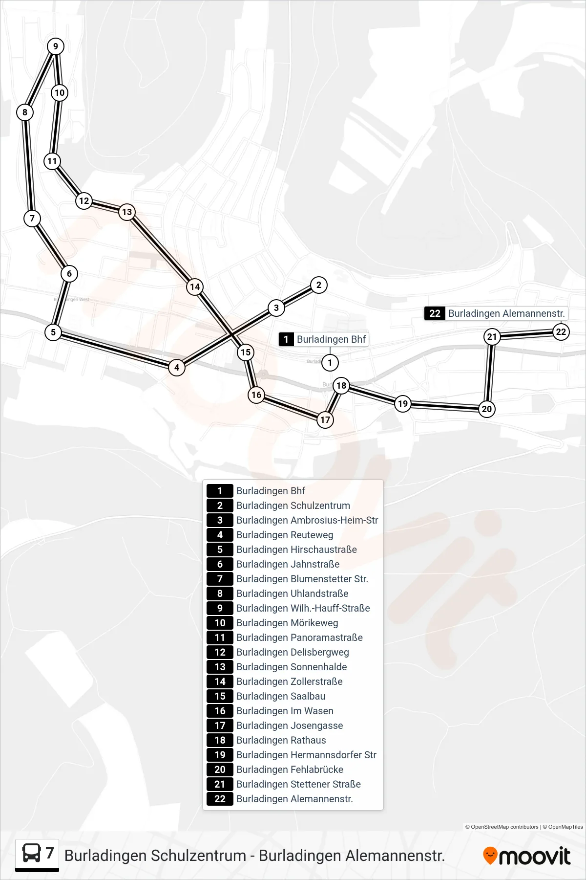 7 bus Line (Burladingen Alemannenstr.) route and stops on a map